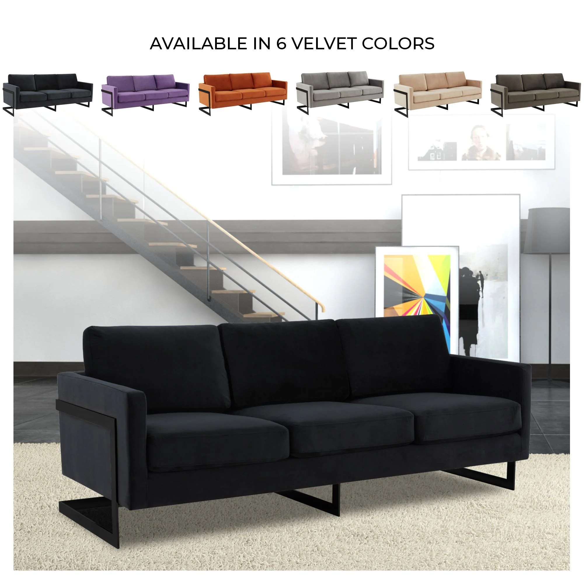 Lincoln Black Velvet Sofa With Black Frame