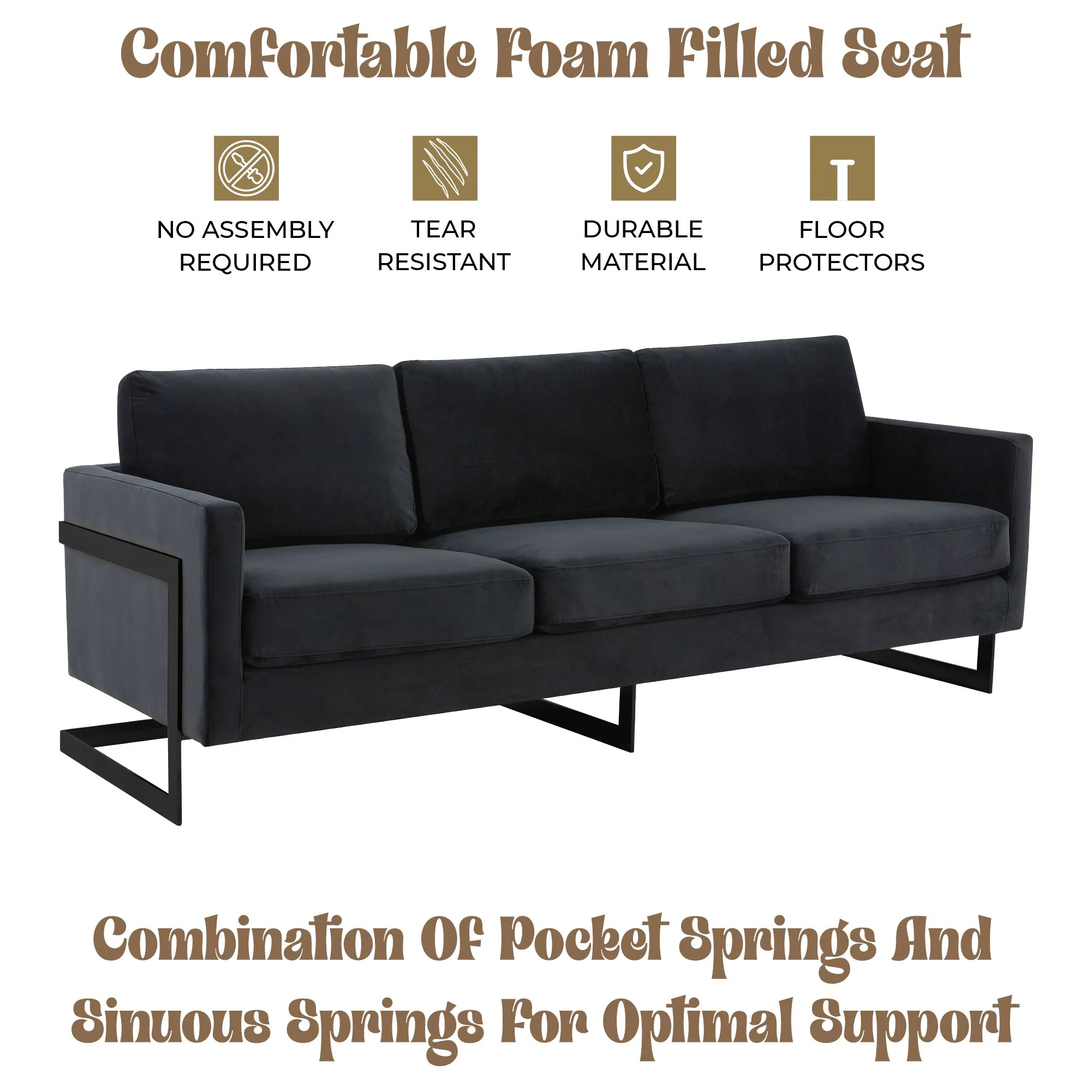 Lincoln Black Velvet Sofa With Black Frame