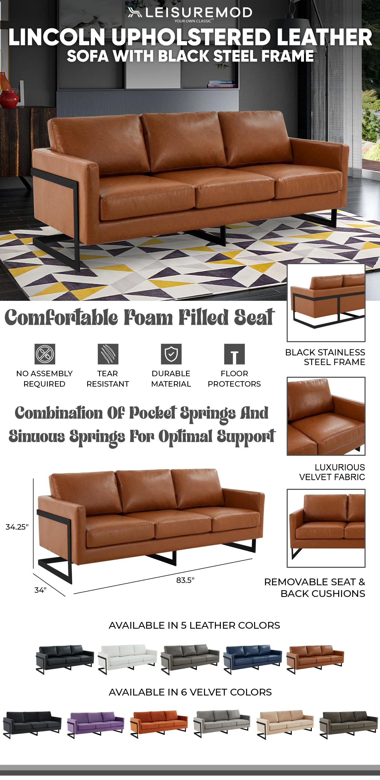 Lincoln Brown Leather Sofa With Black Frame