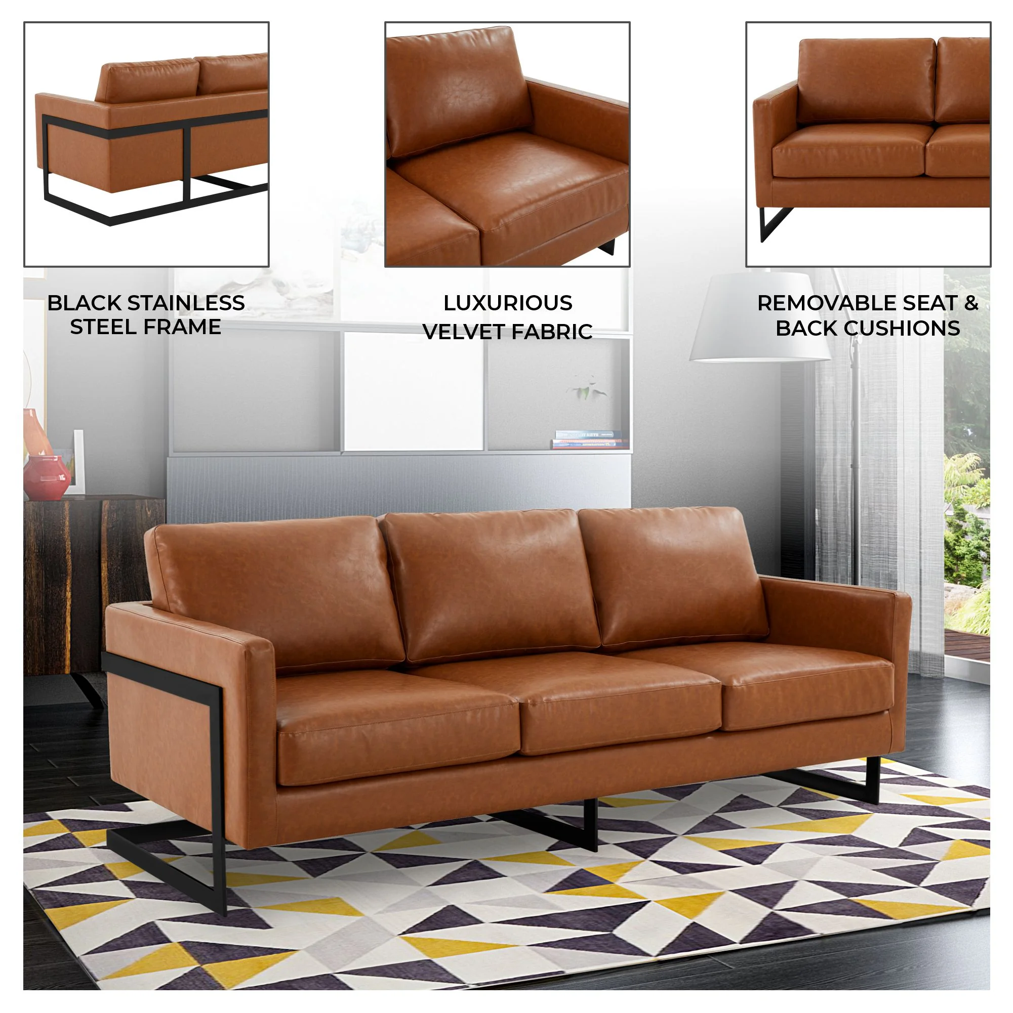 Lincoln Brown Leather Sofa With Black Frame