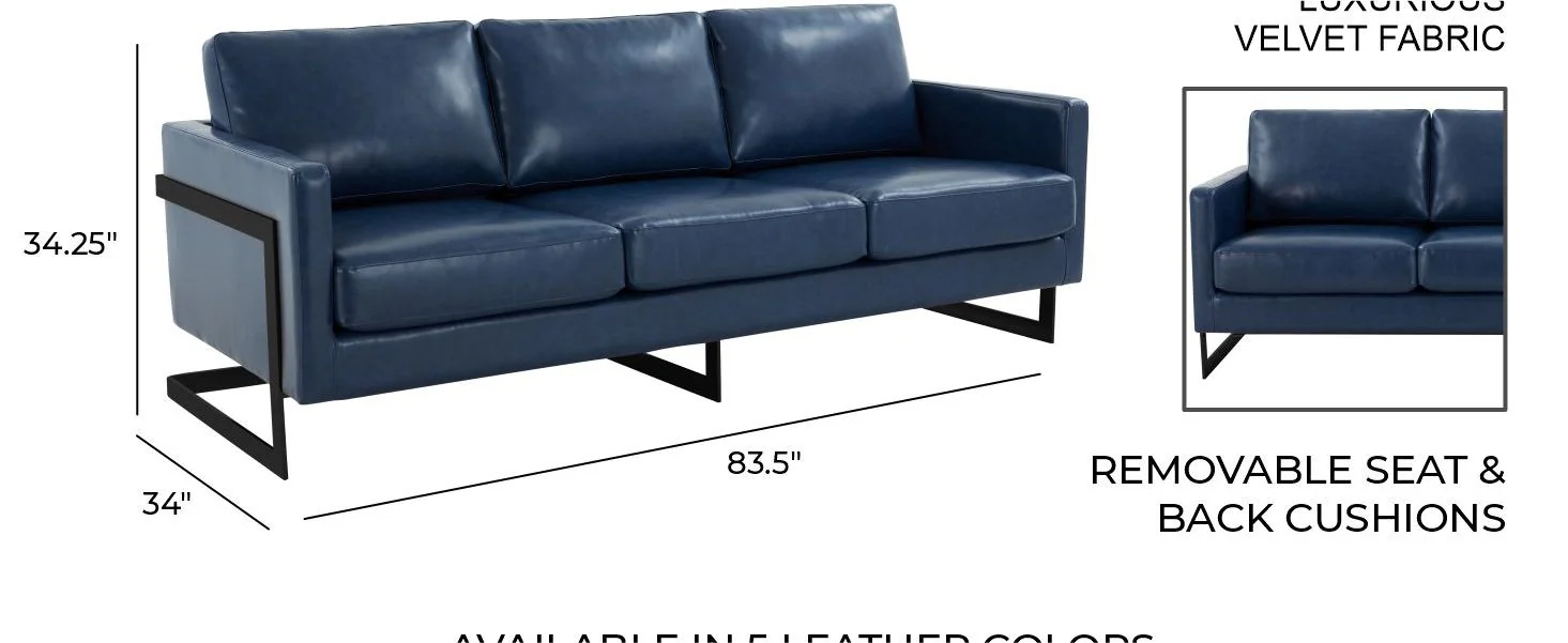 Lincoln Blue Leather Sofa With Black Frame