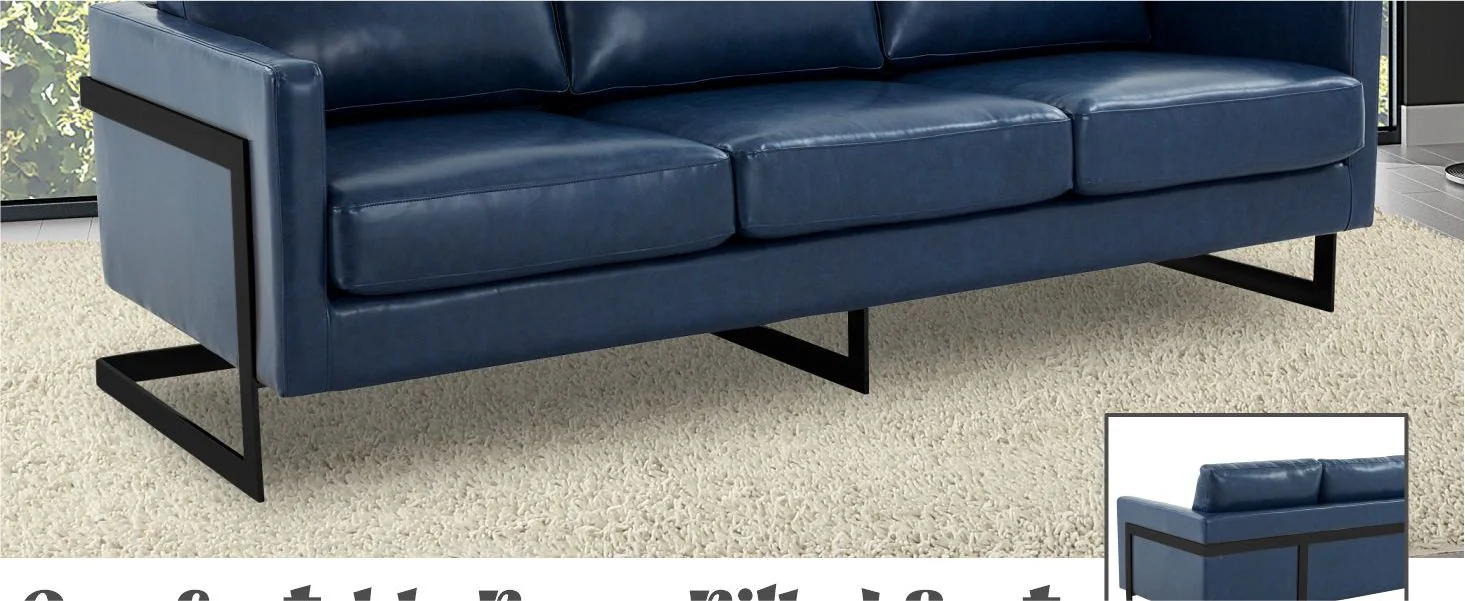 Lincoln Blue Leather Sofa With Black Frame
