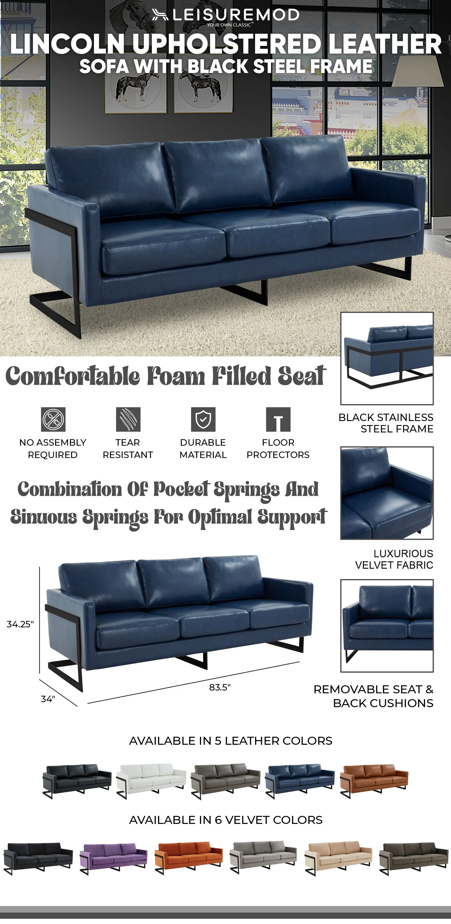 Lincoln Blue Leather Sofa With Black Frame