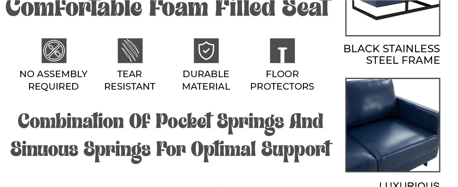 Lincoln Blue Leather Sofa With Black Frame