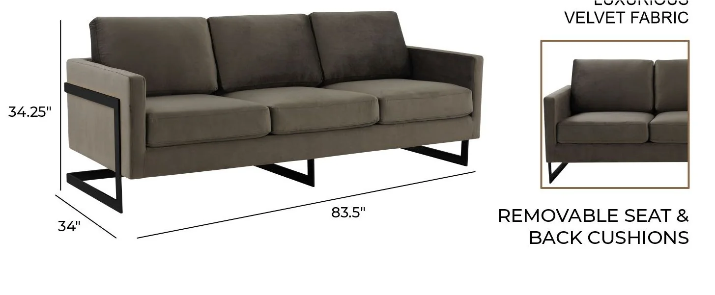 Lincoln Dark Grey Velvet Sofa With Black Frame