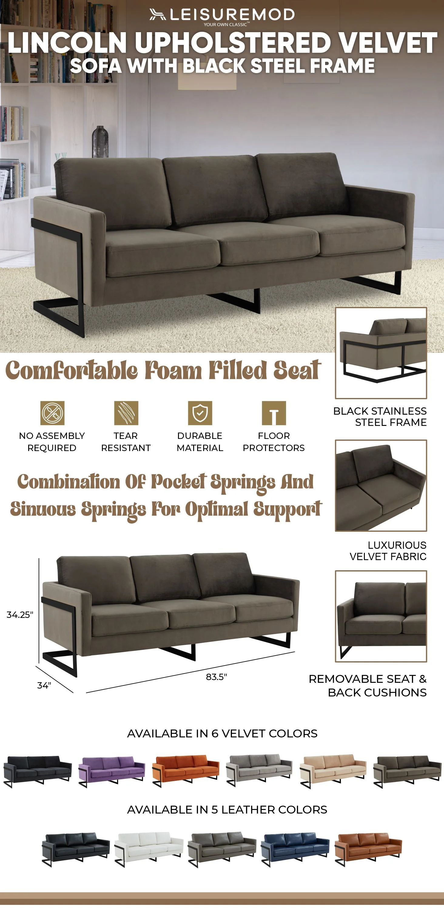 Lincoln Dark Grey Velvet Sofa With Black Frame