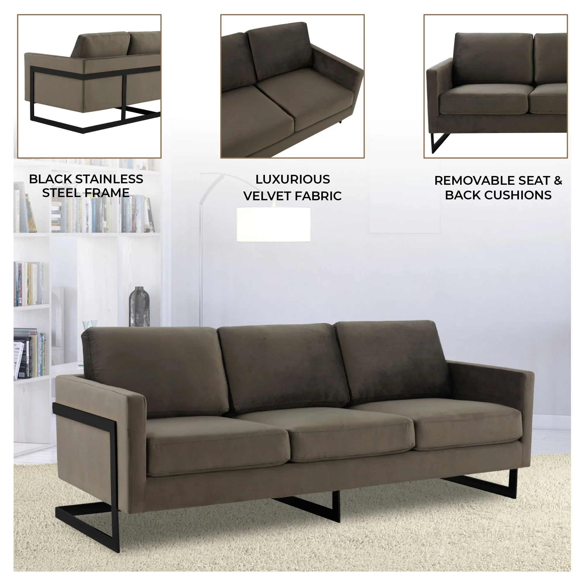 Lincoln Dark Grey Velvet Sofa With Black Frame