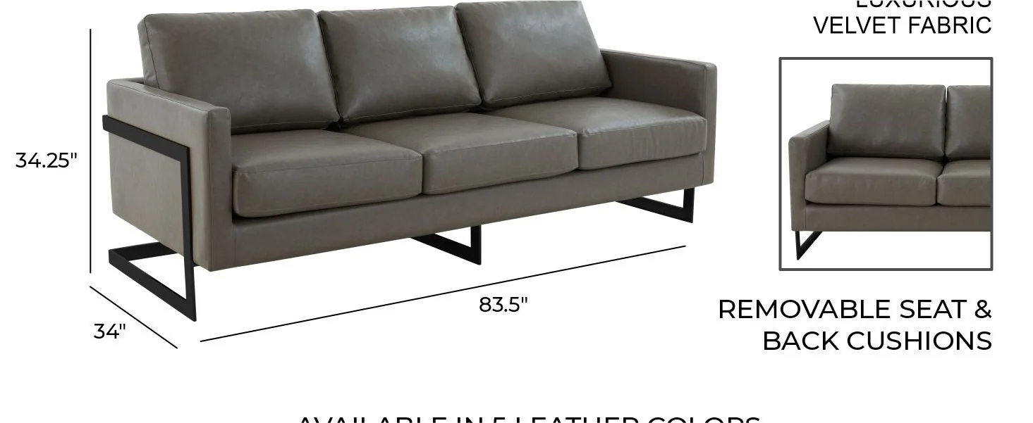 Lincoln Grey Leather Sofa With Black Frame