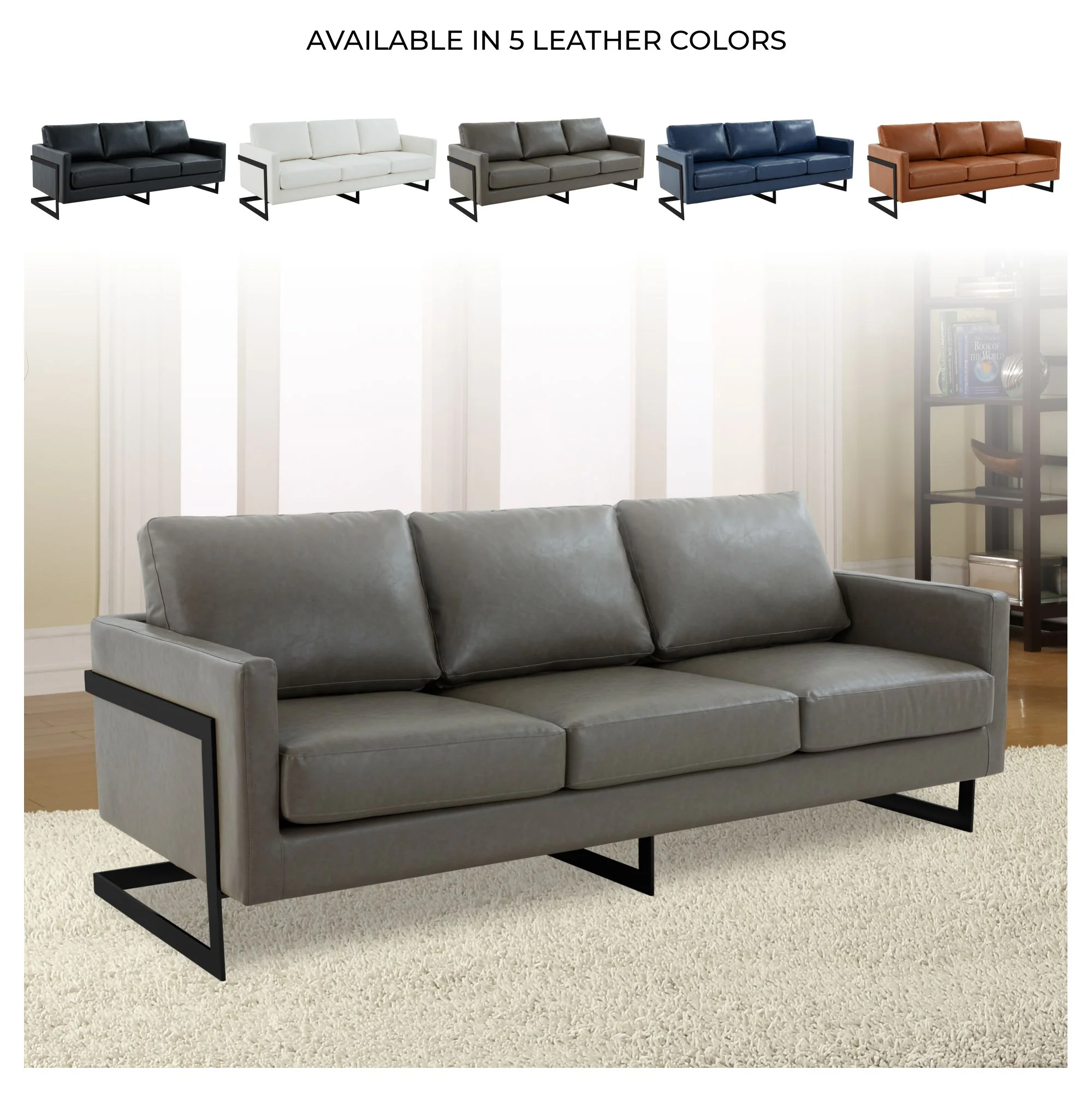 Lincoln Grey Leather Sofa With Black Frame