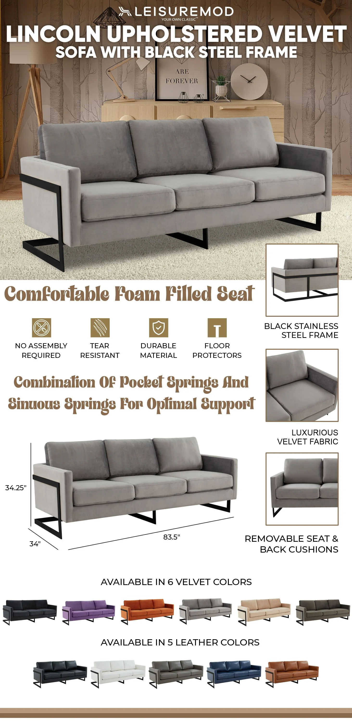 Lincoln Light Grey Velvet Sofa With Black Frame