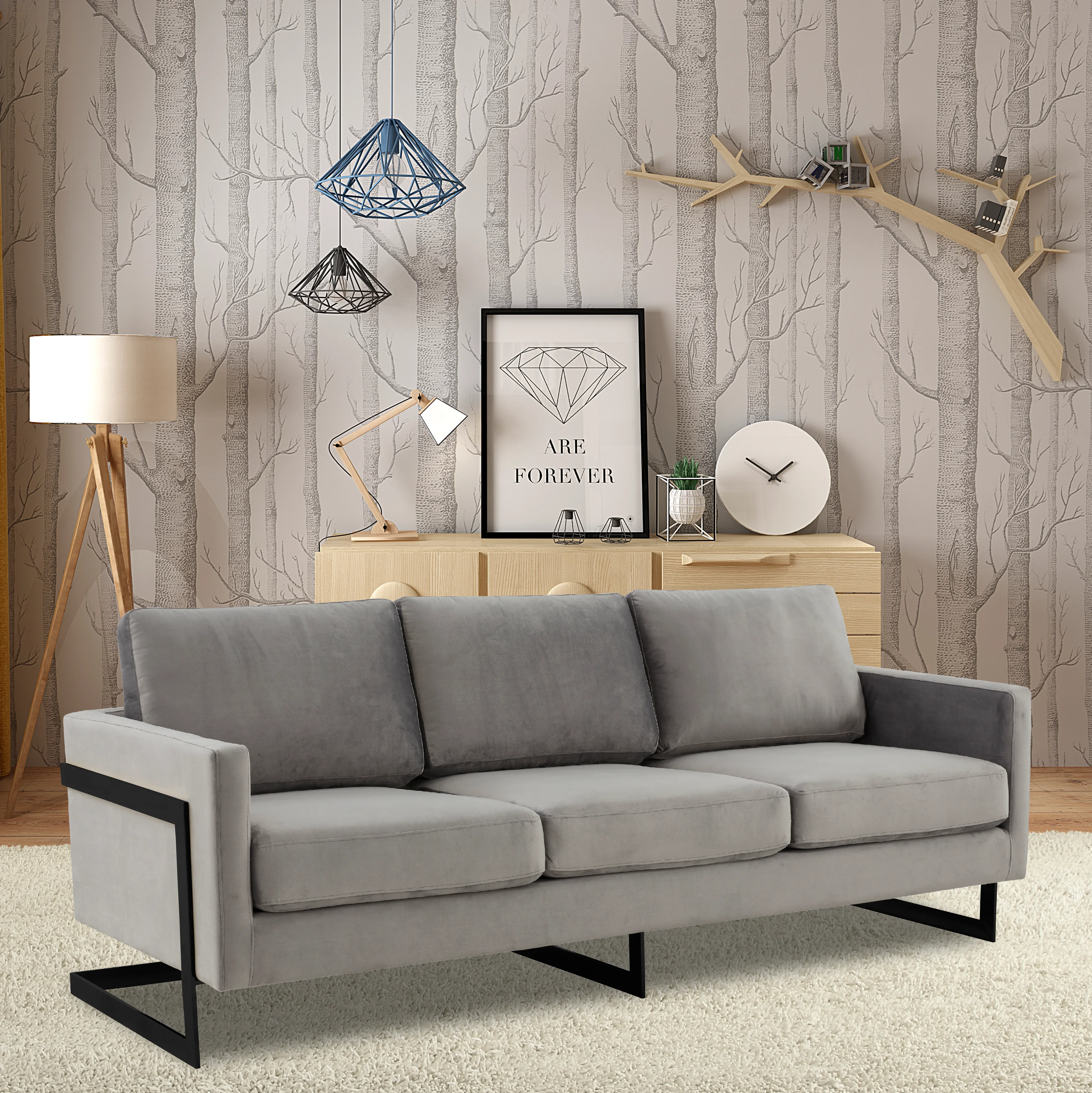 Lincoln Light Grey Velvet Sofa With Black Frame
