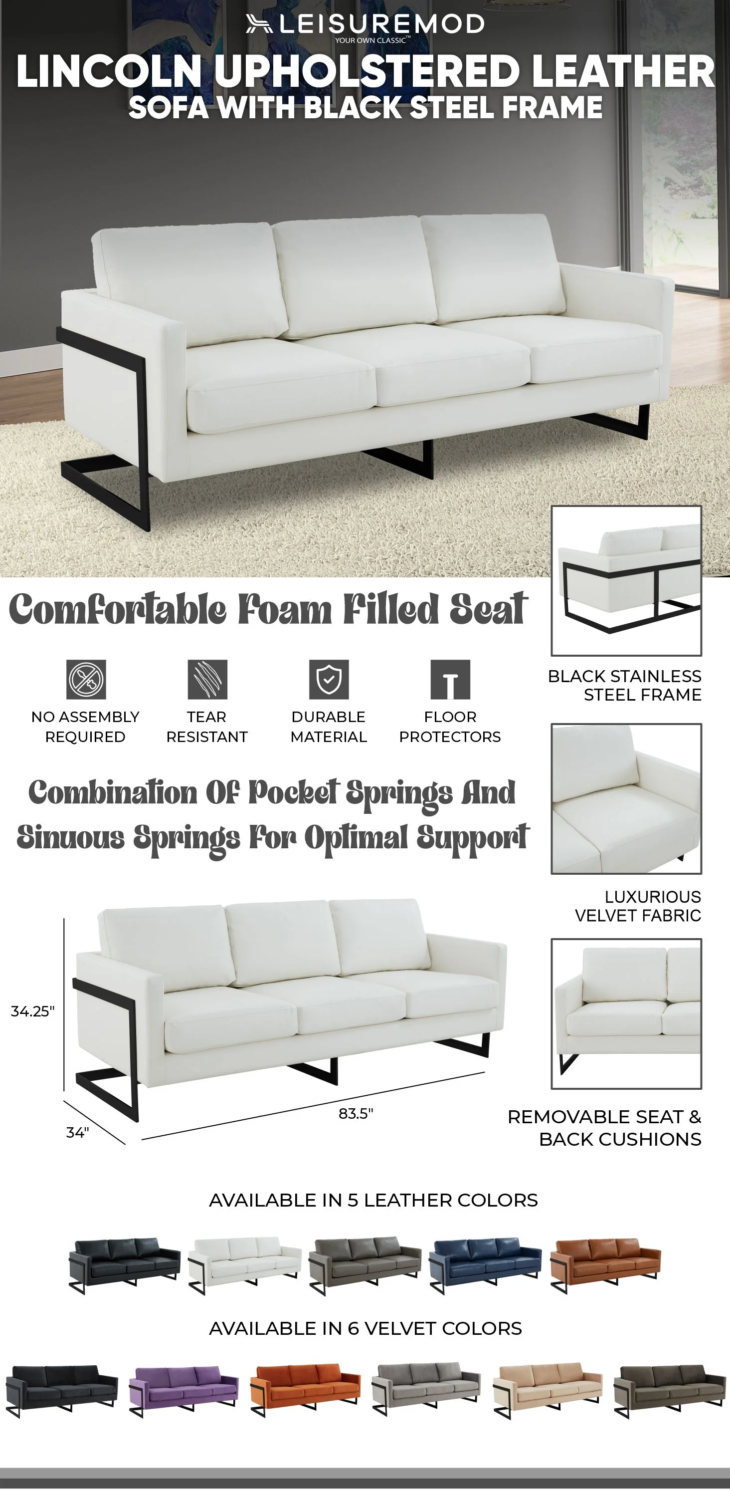 Lincoln White Leather Sofa With Black Frame