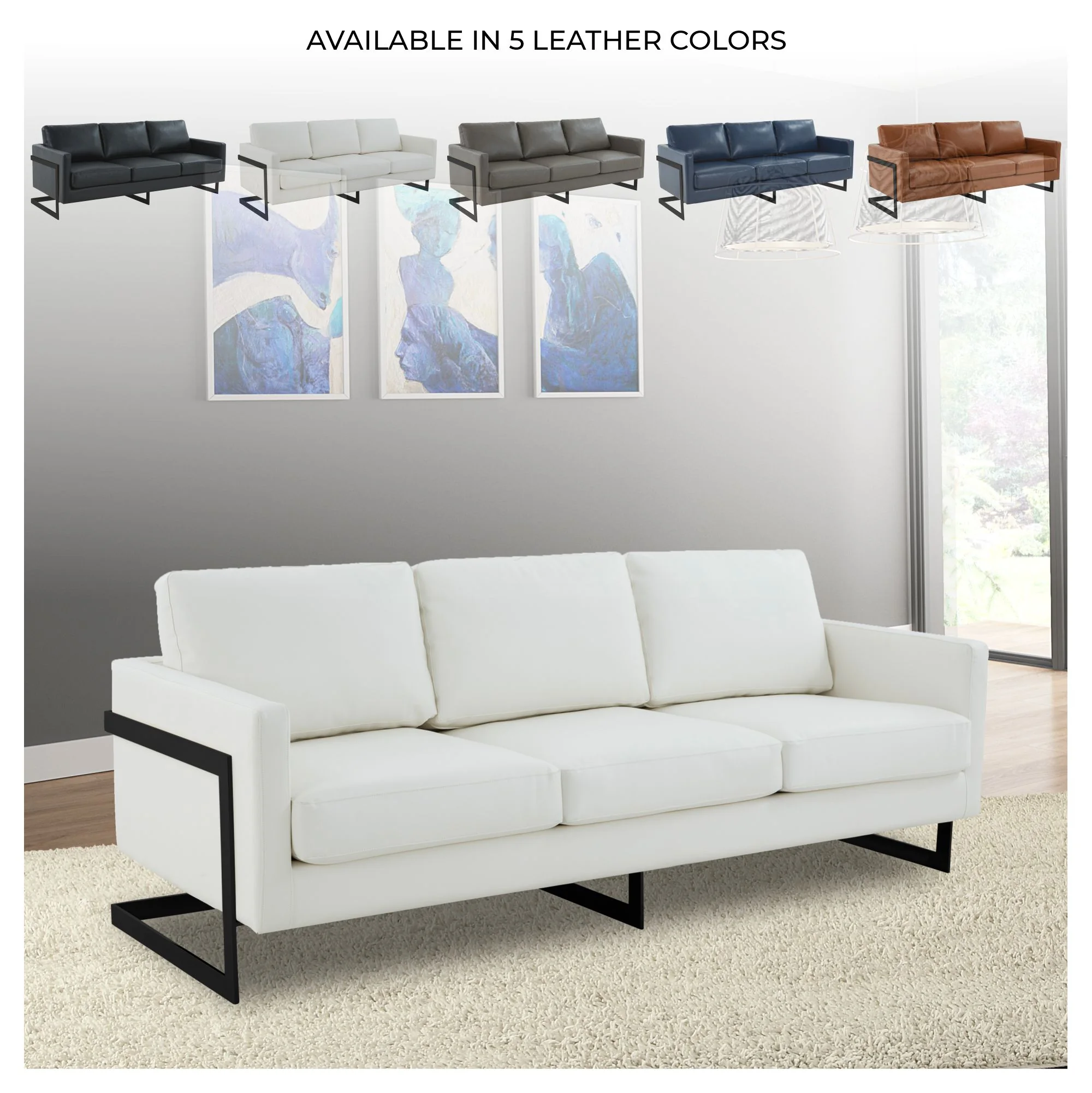 Lincoln White Leather Sofa With Black Frame