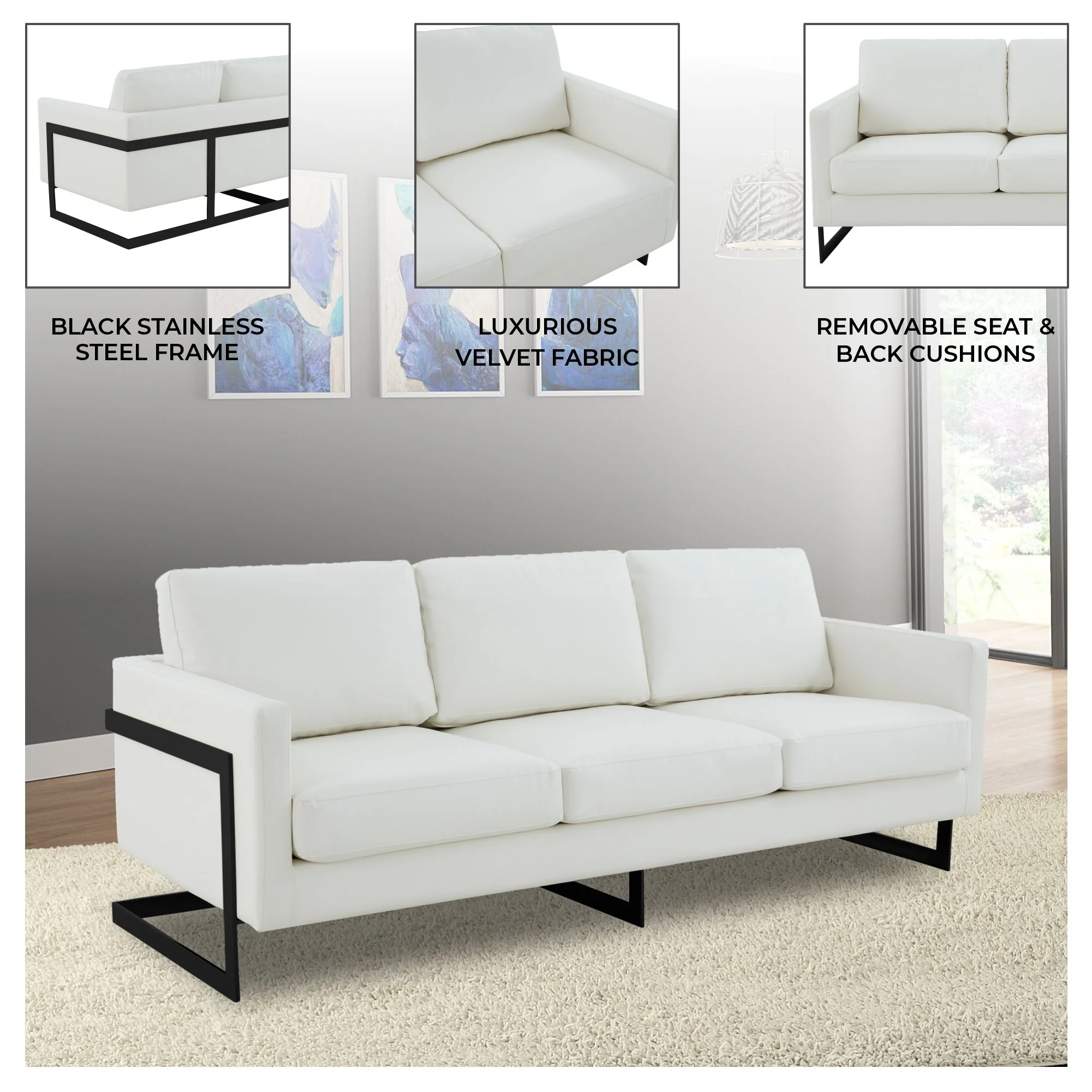 Lincoln White Leather Sofa With Black Frame