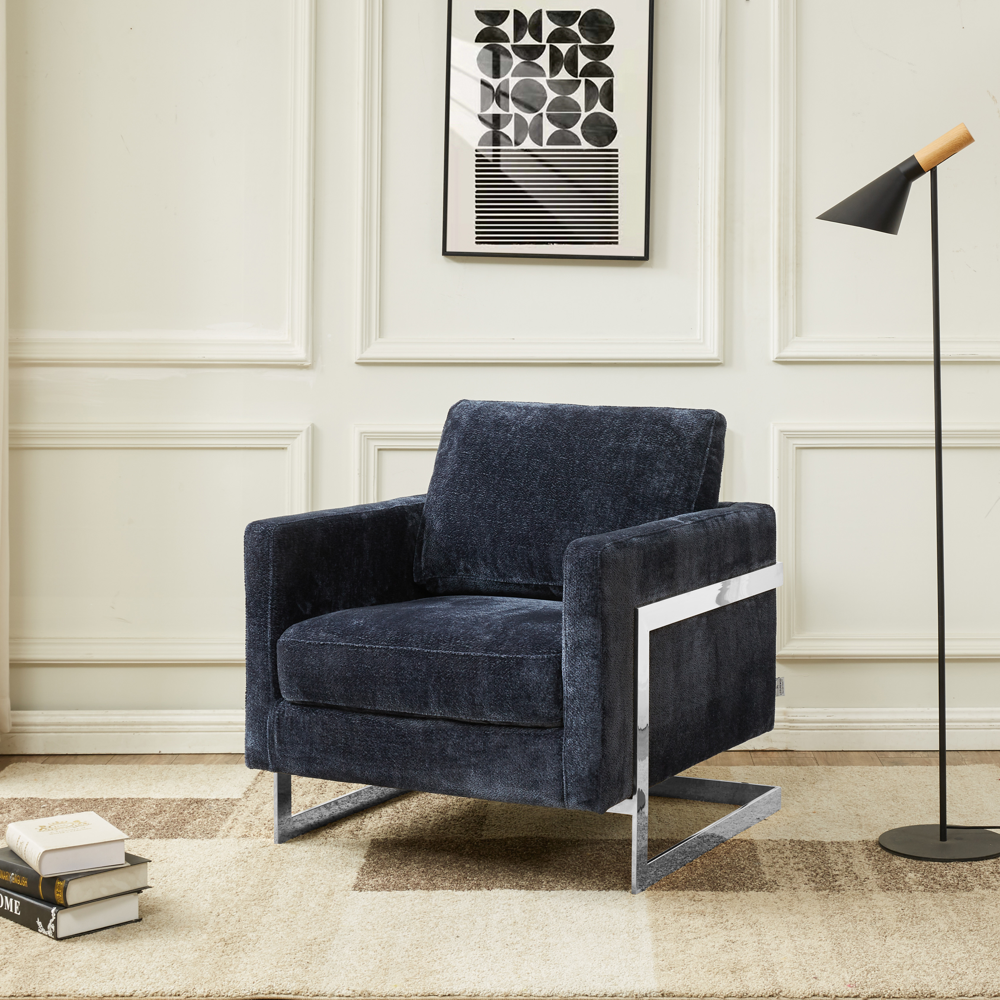 Lincoln Blue Boucle Accent Armchair With Chromed Frame