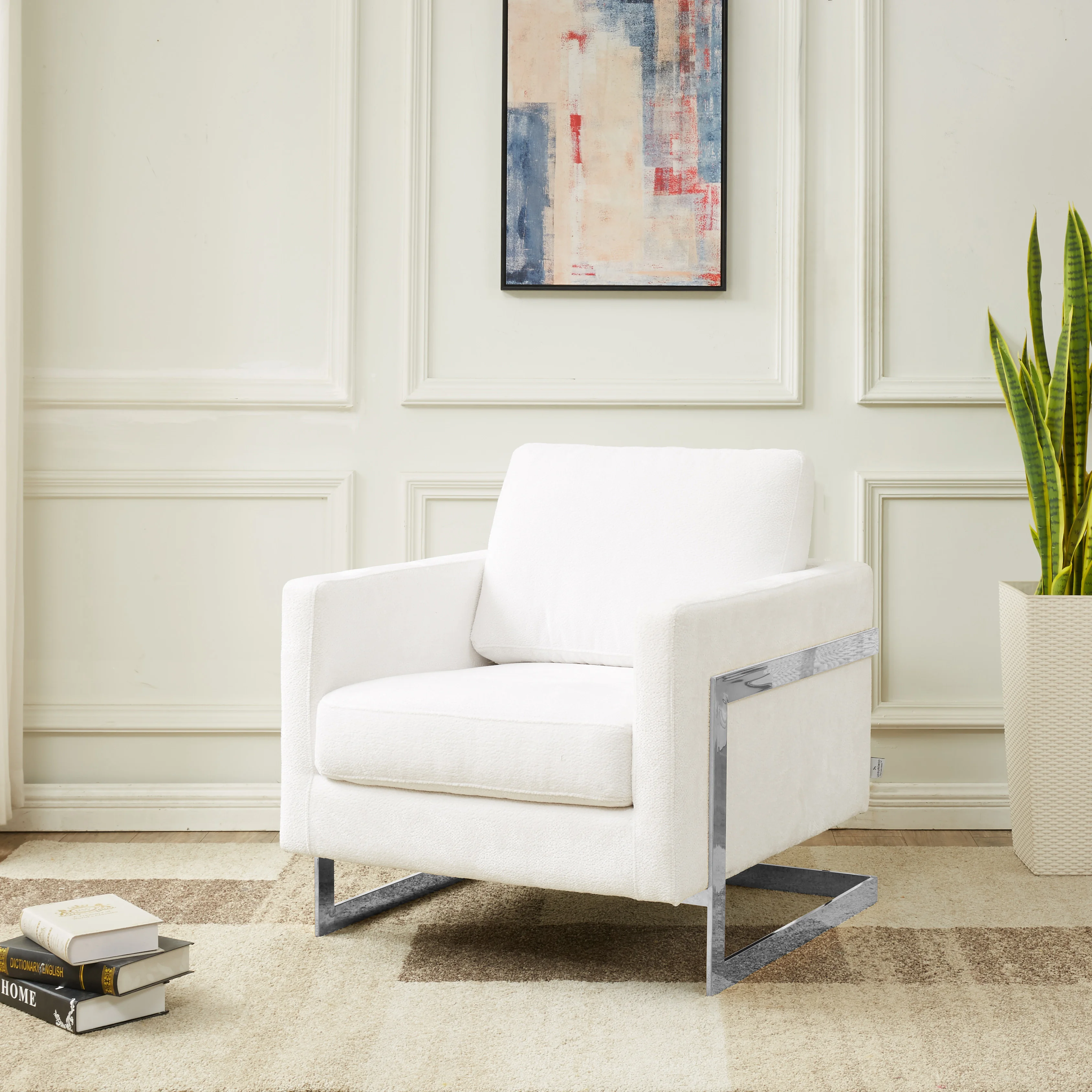 Lincoln White Boucle Accent Armchair With Chromed Frame