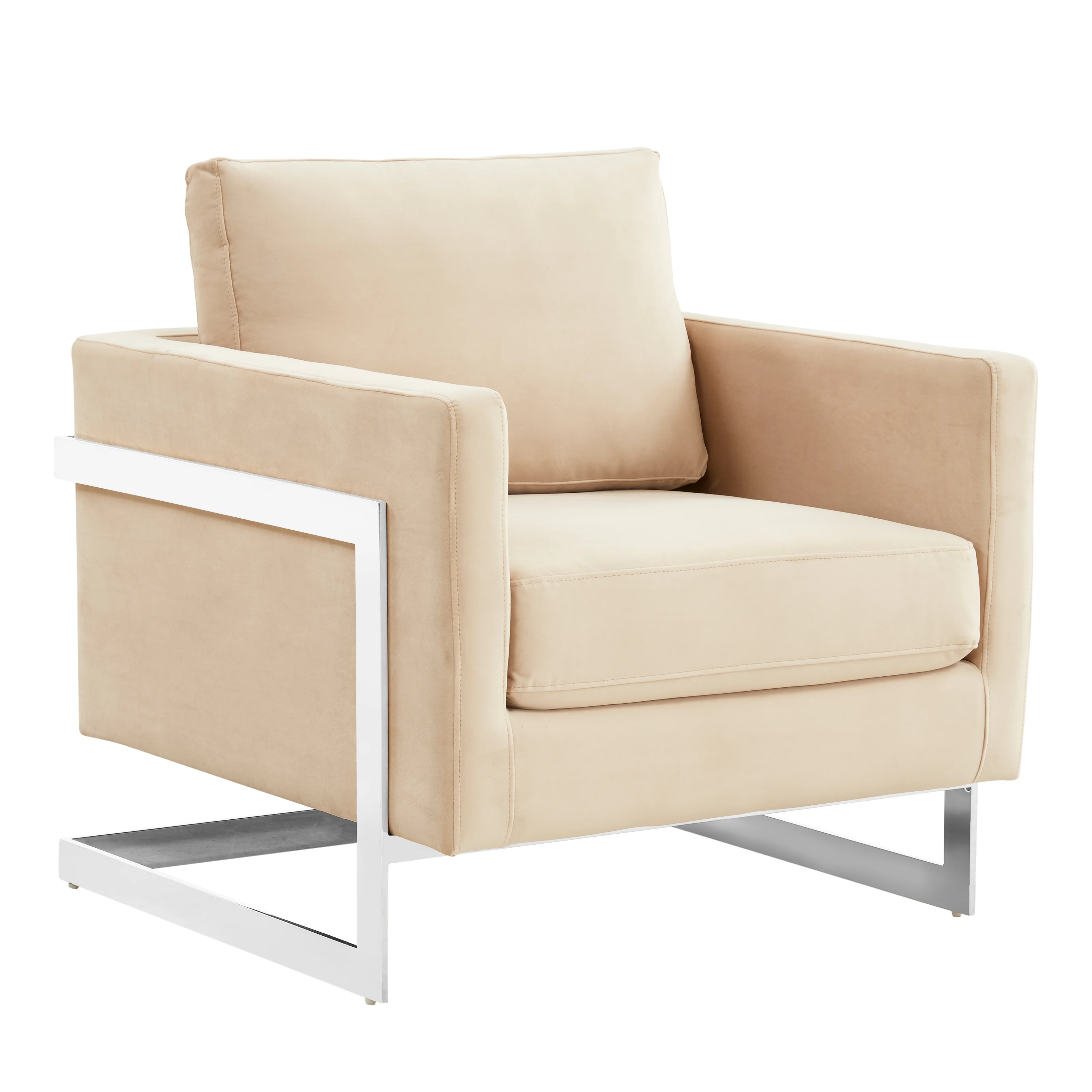 Lincoln Velvet Accent Armchair With Chromed Frame in Beige