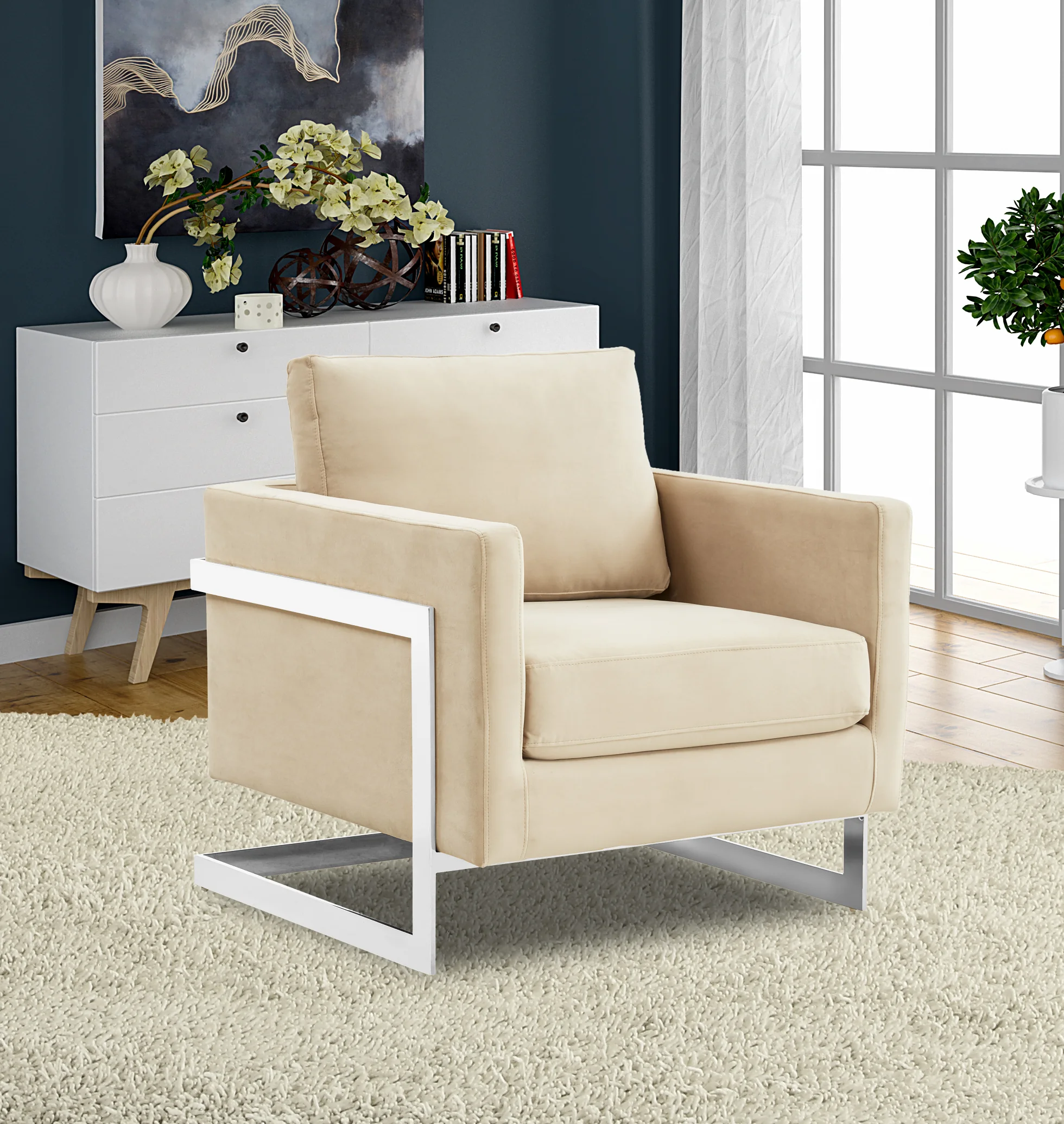 Lincoln Velvet Accent Armchair With Chromed Frame in Beige