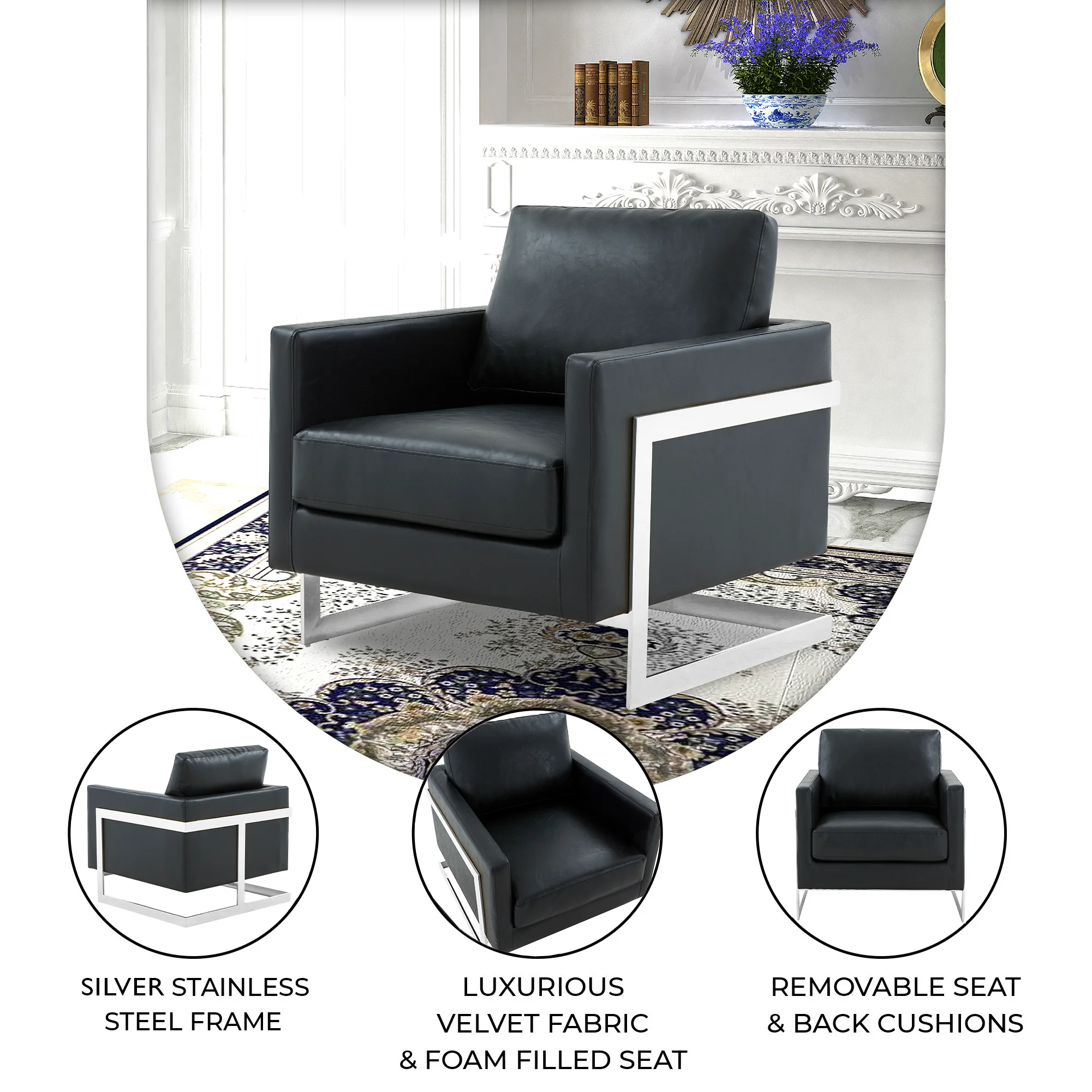 Lincoln Leather Accent Armchair With Silver Frame