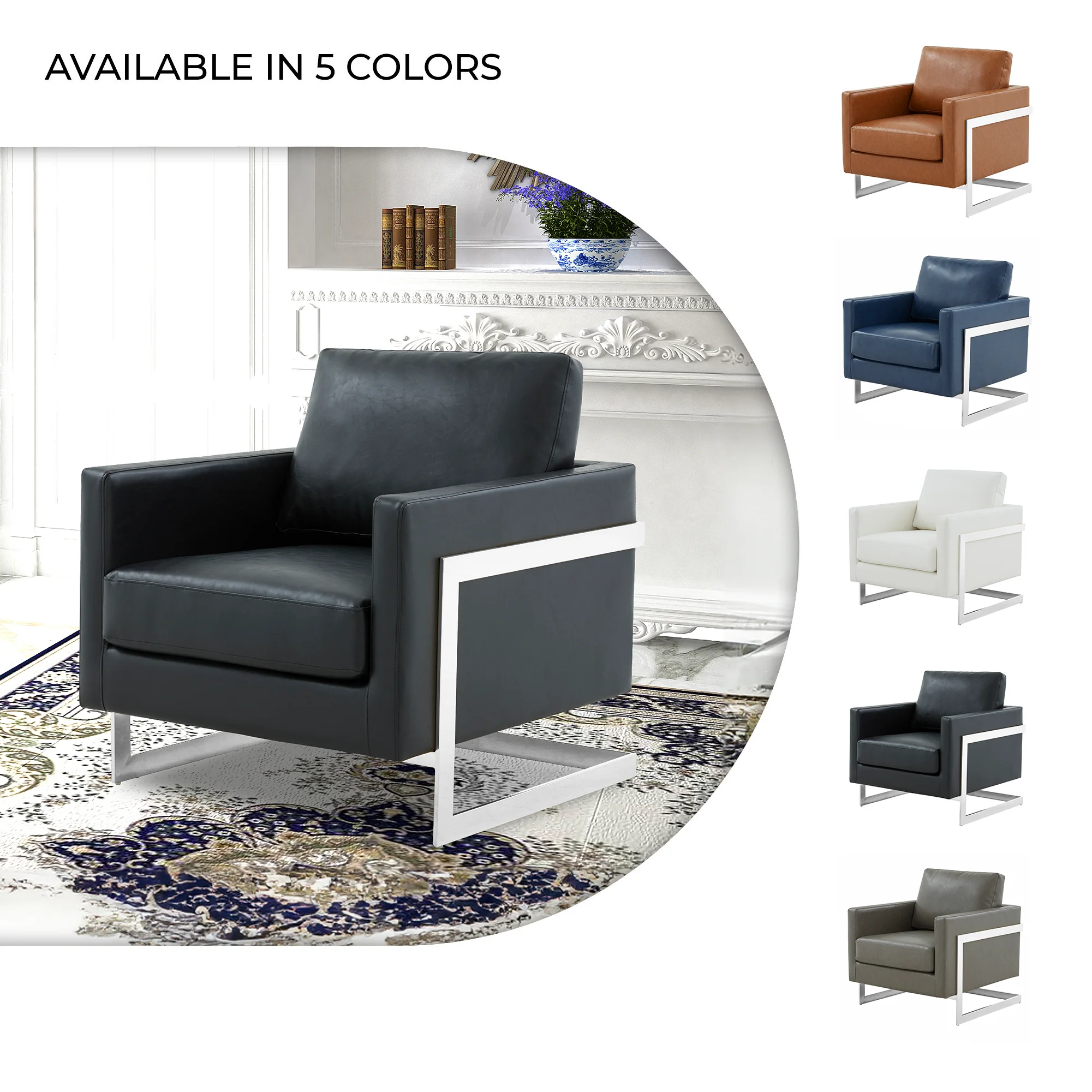 Lincoln Leather Accent Armchair With Silver Frame