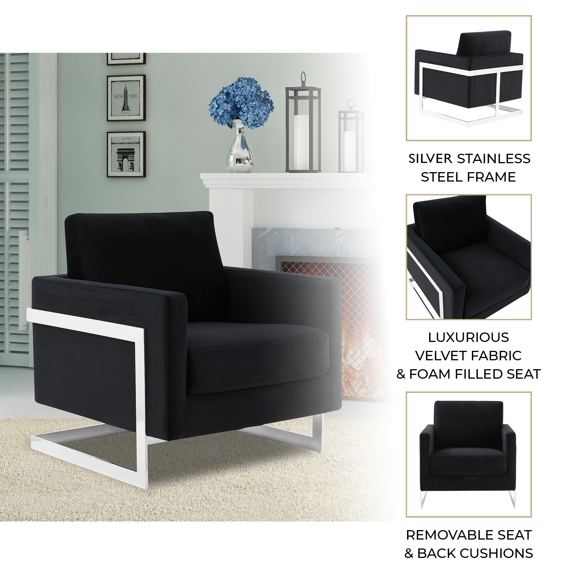 Lincoln Velvet Accent Armchair With Chromed Frame