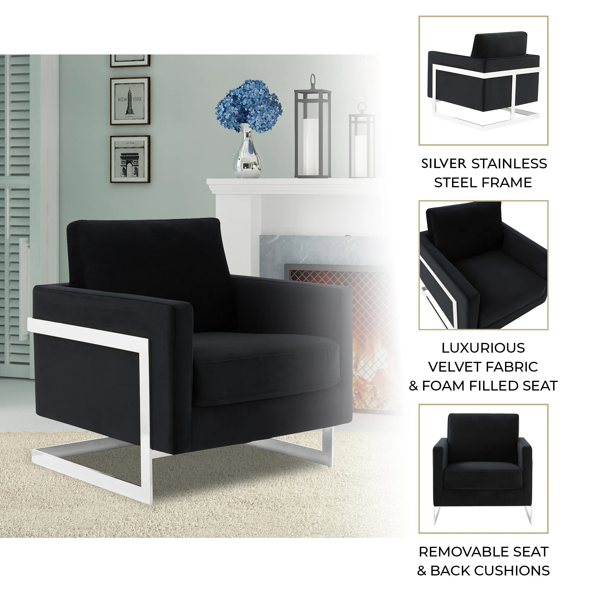 Lincoln Velvet Accent Armchair With Chromed Frame