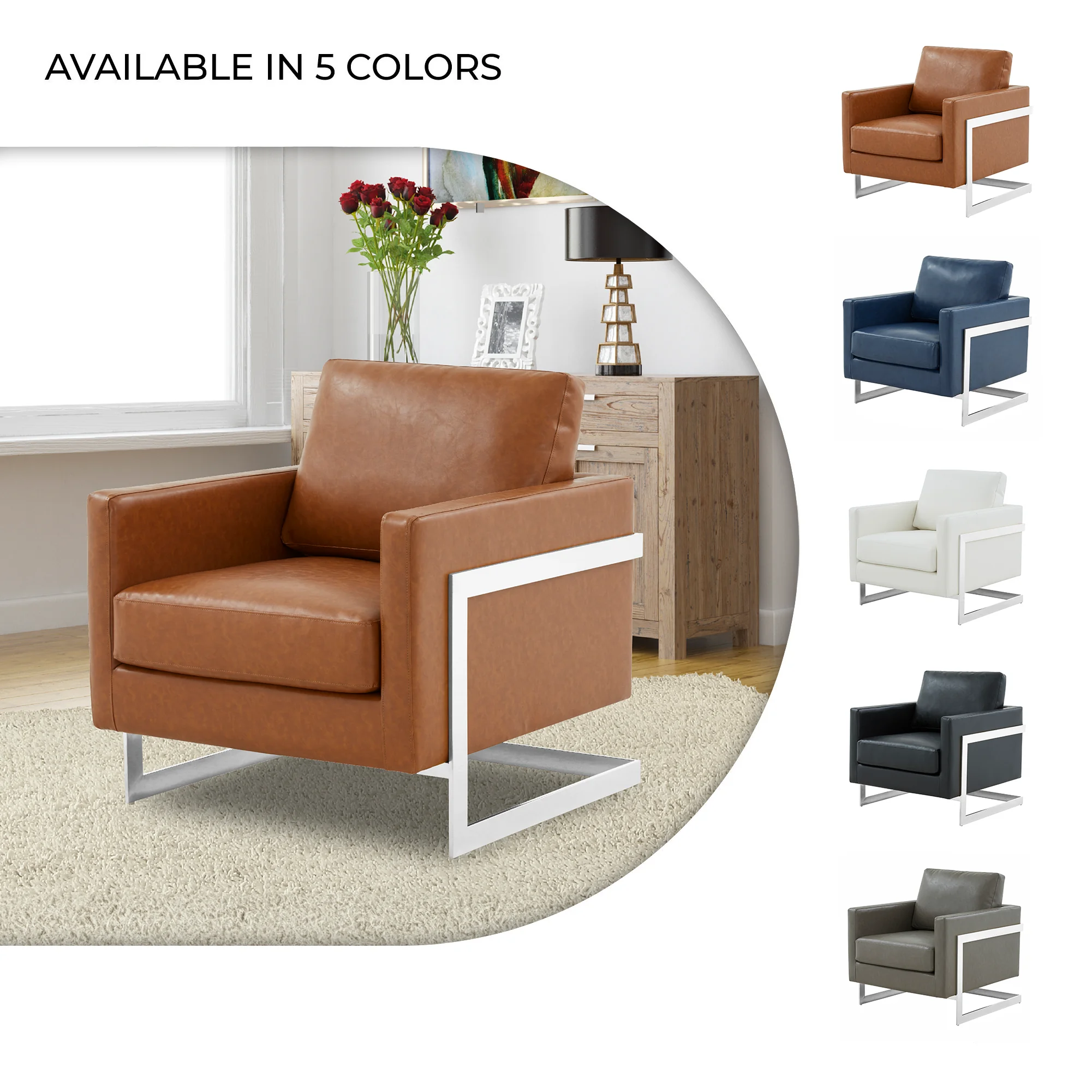 Lincoln Leather Accent Armchair With Silver Frame