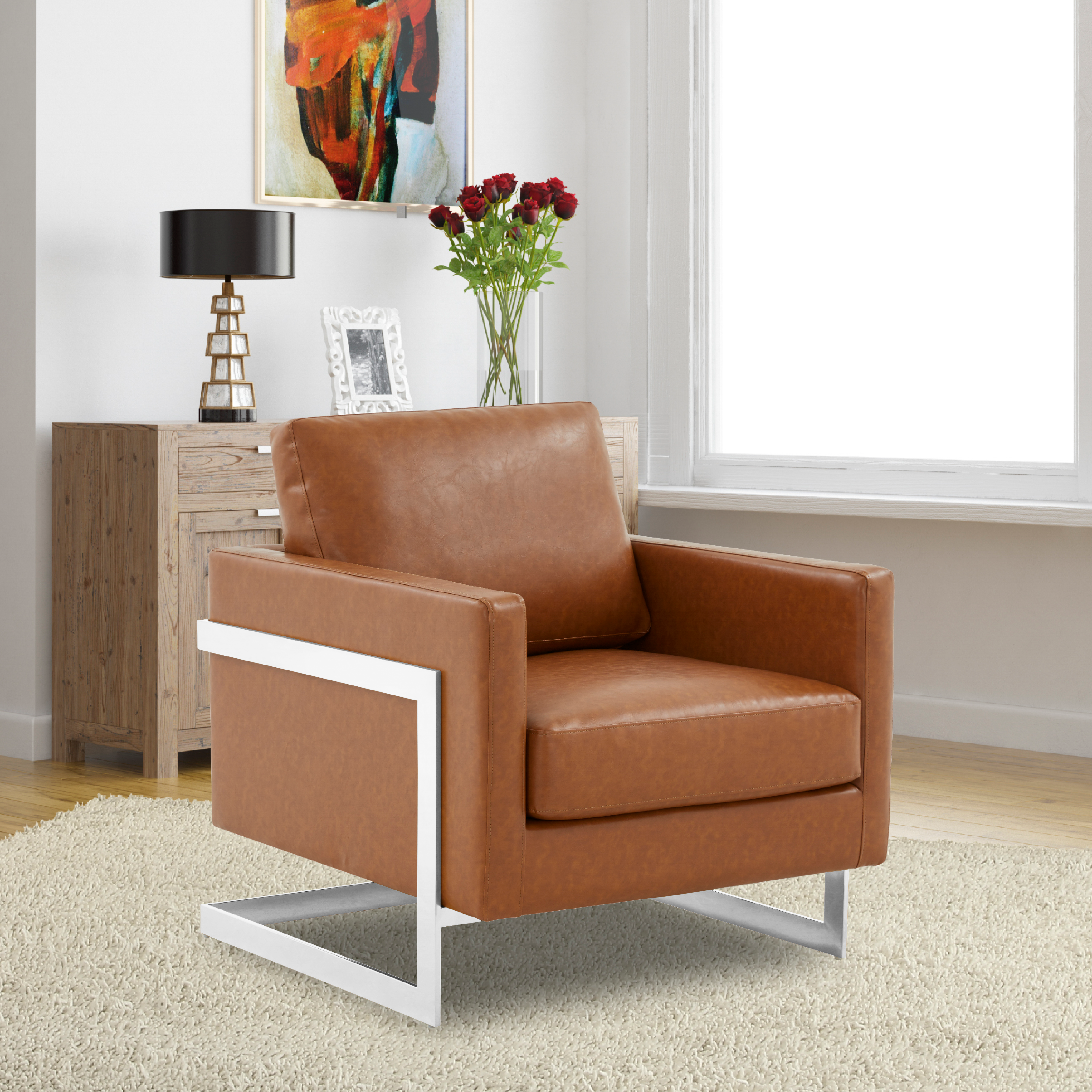 Lincoln Leather Accent Armchair With Silver Frame