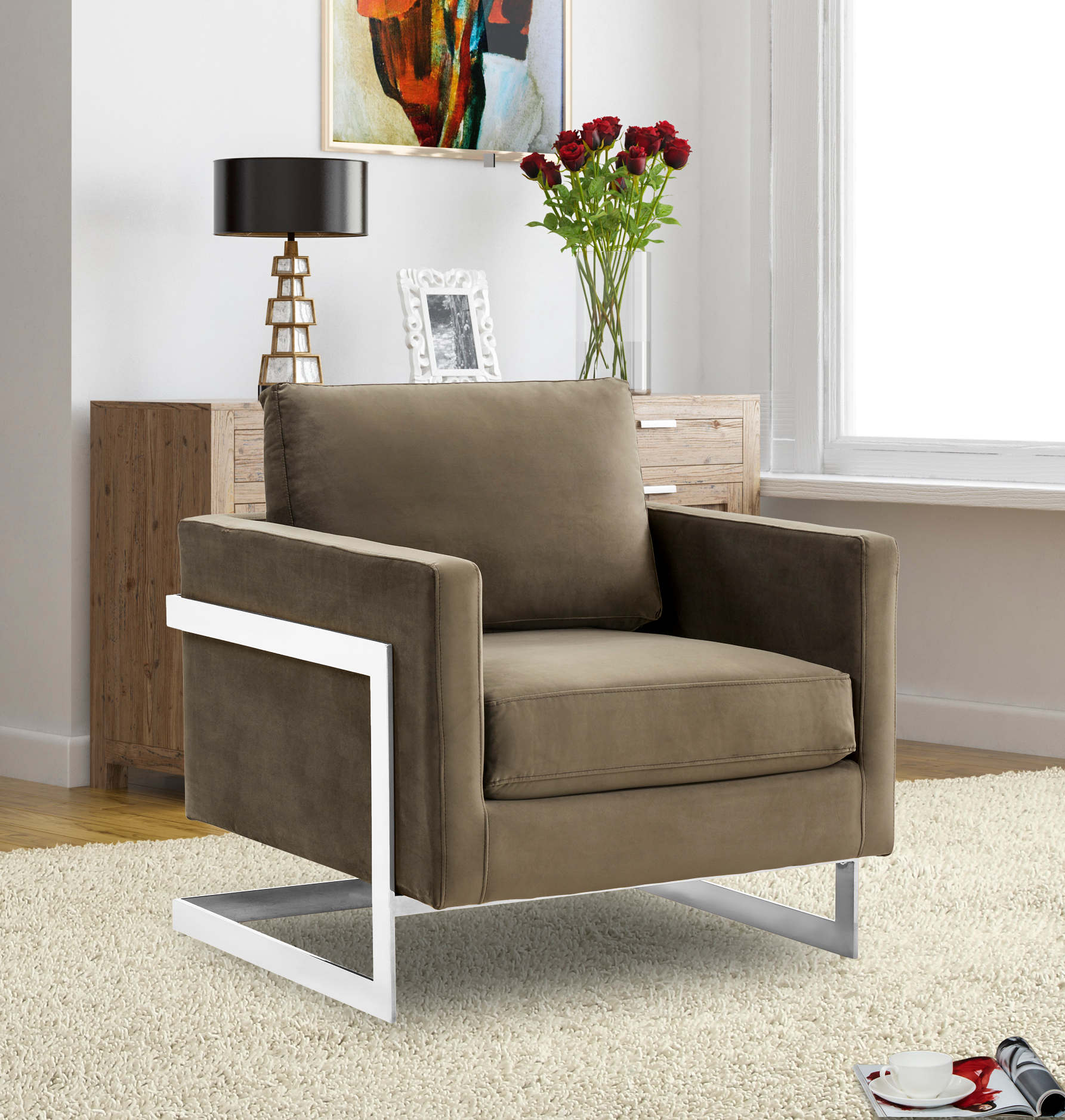 Lincoln Velvet Accent Armchair With Chromed Frame in Dark Grey