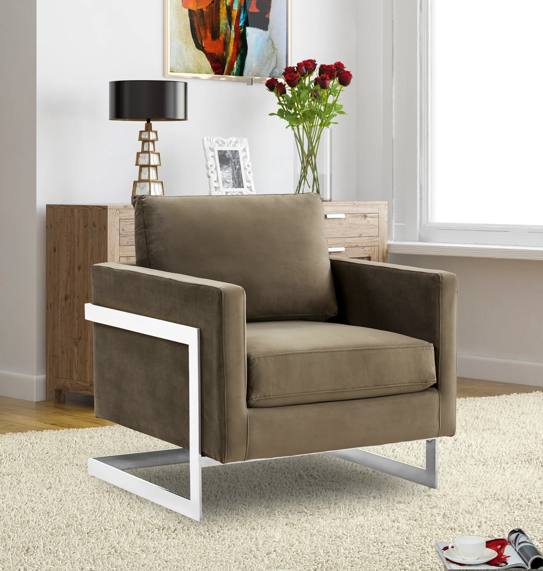 Lincoln Velvet Accent Armchair With Chromed Frame in Dark Grey