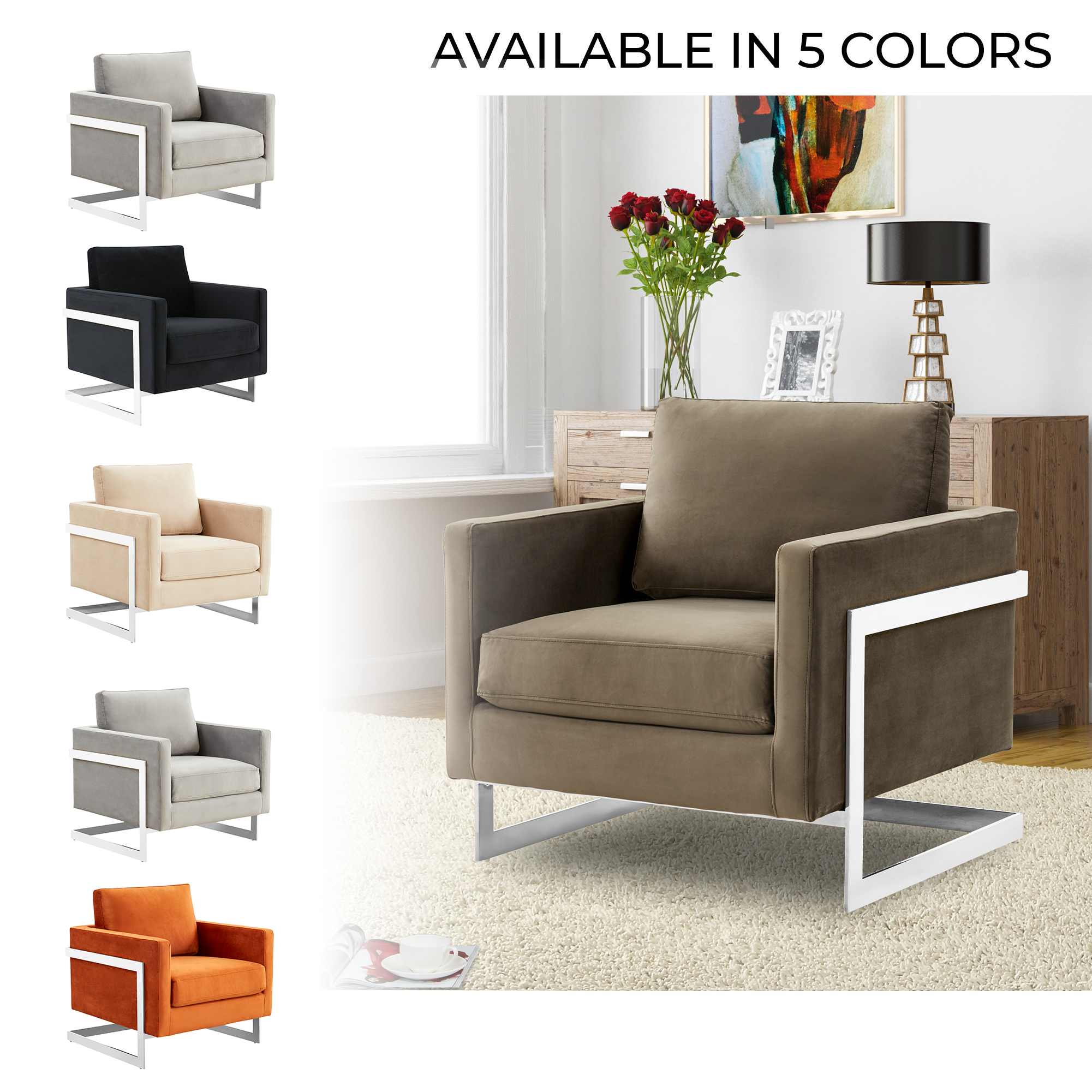 Lincoln Velvet Accent Armchair With Chromed Frame in Dark Grey