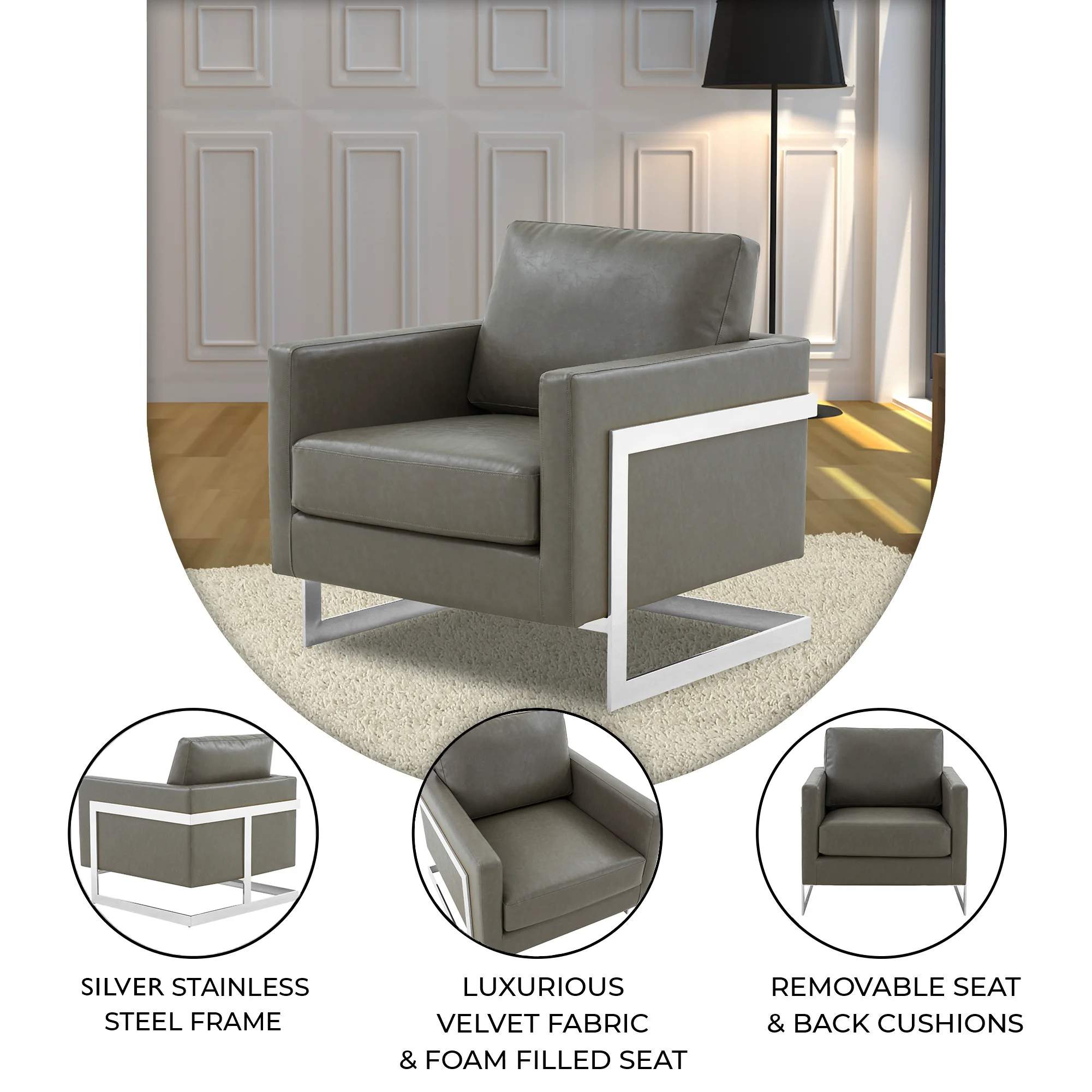 Lincoln Leather Accent Armchair With Silver Frame