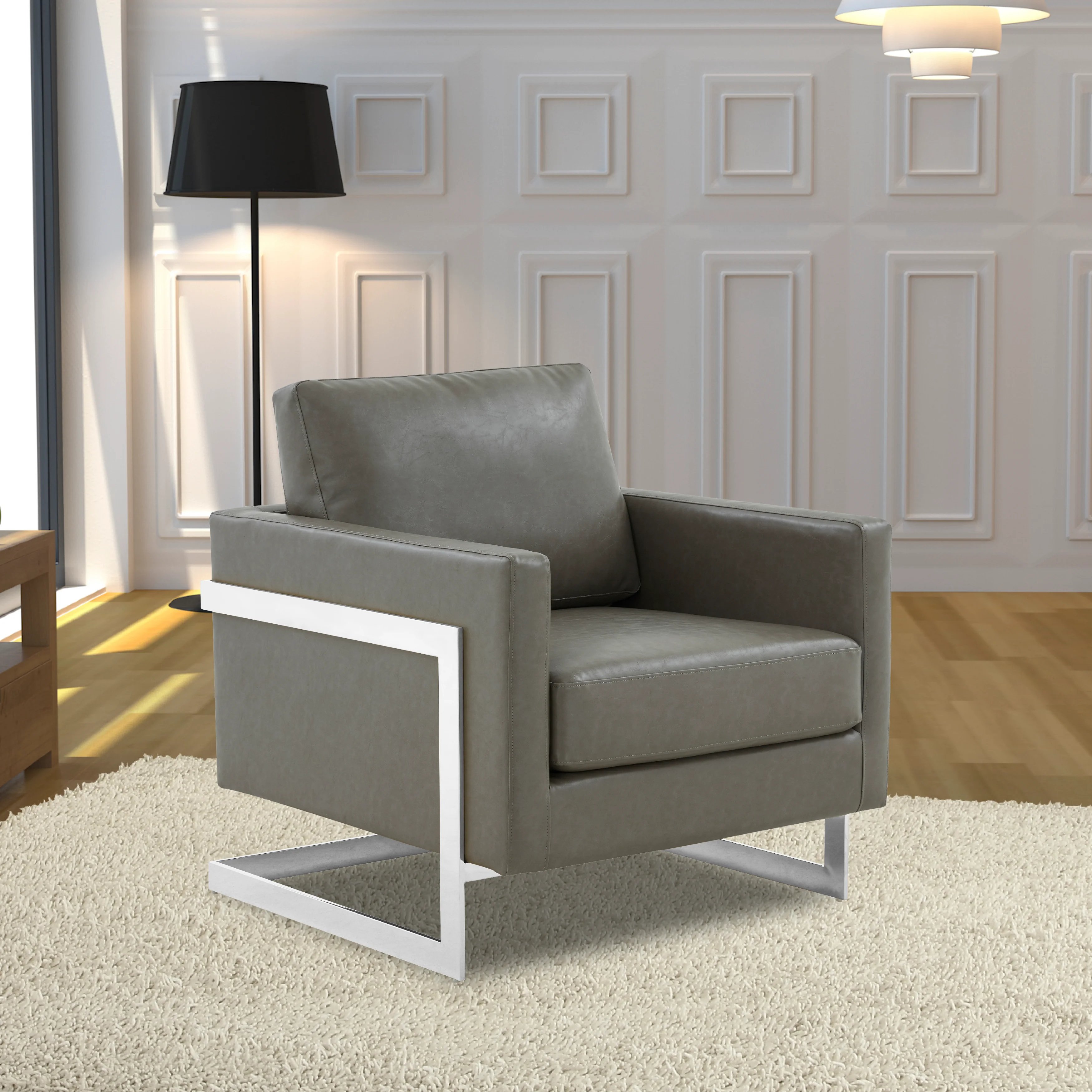 Lincoln Leather Accent Armchair With Silver Frame