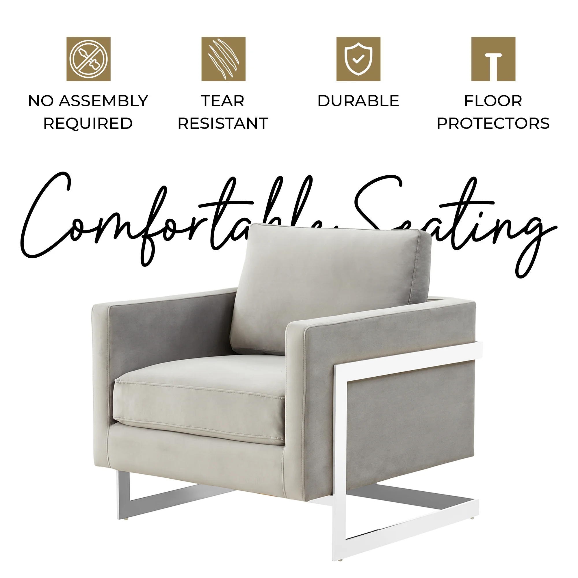 Lincoln Velvet Accent Armchair With Chromed Frame in Light Grey