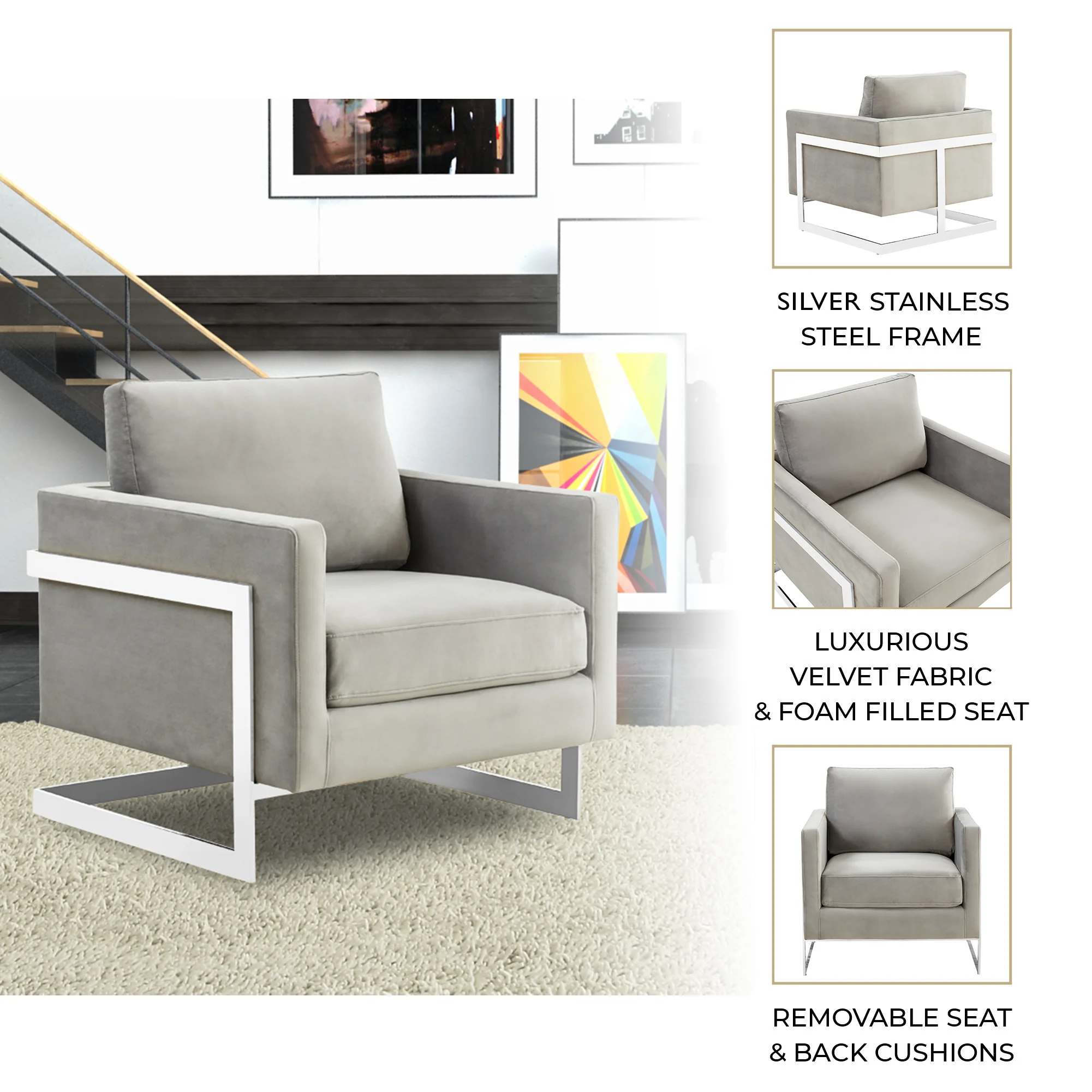 Lincoln Velvet Accent Armchair With Chromed Frame in Light Grey