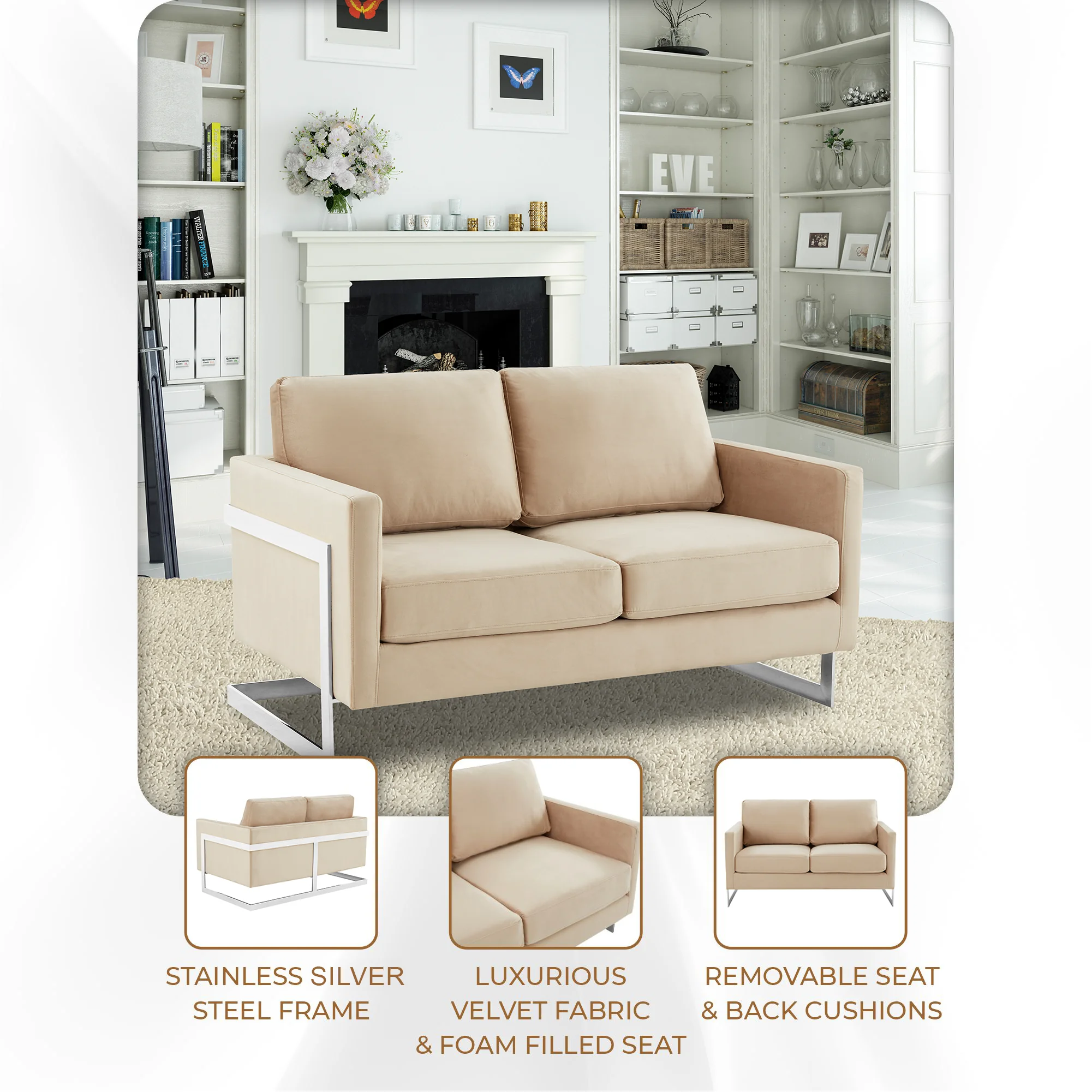 Lincoln Beige Velvet Loveseat With Chromed Frame