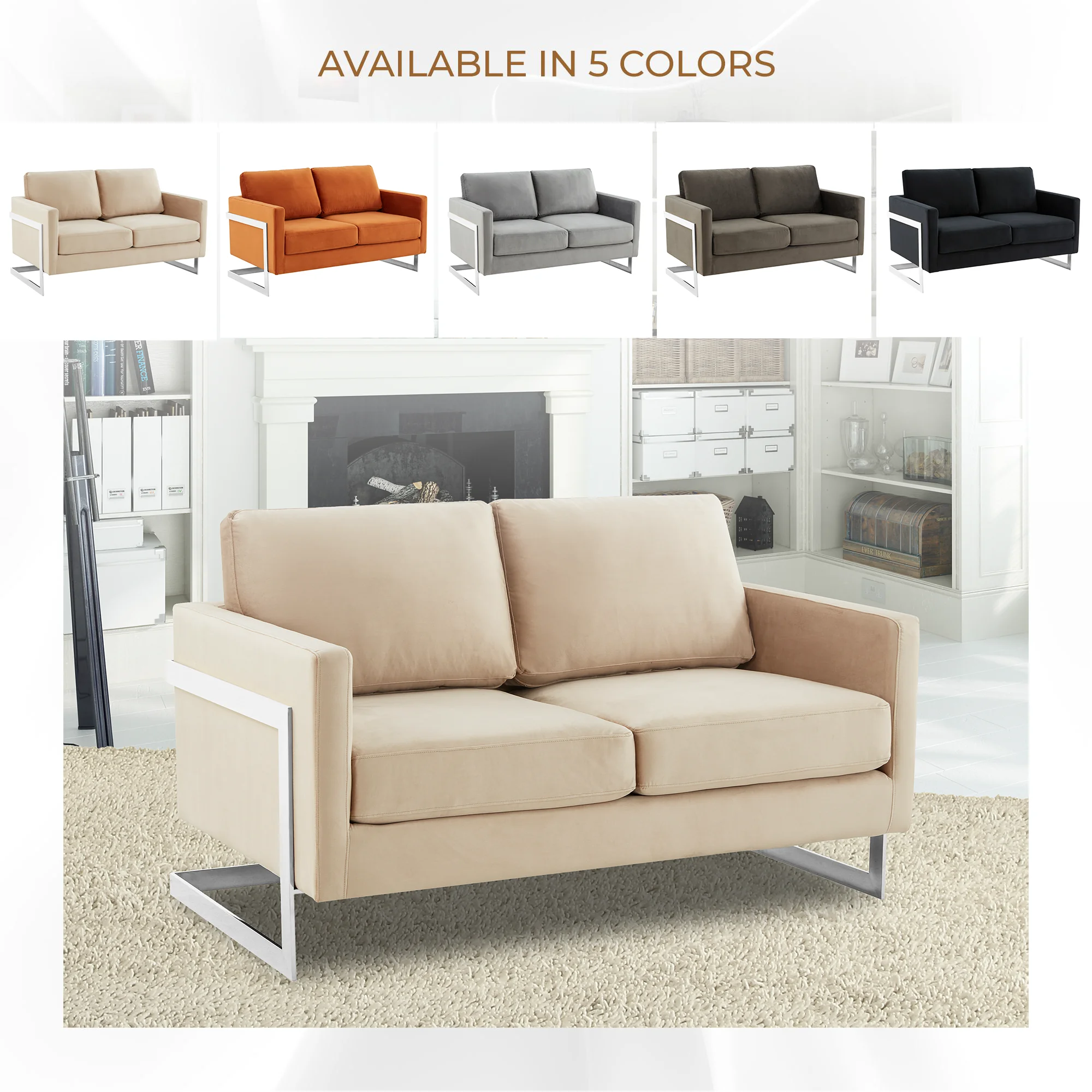 Lincoln Beige Velvet Loveseat With Chromed Frame