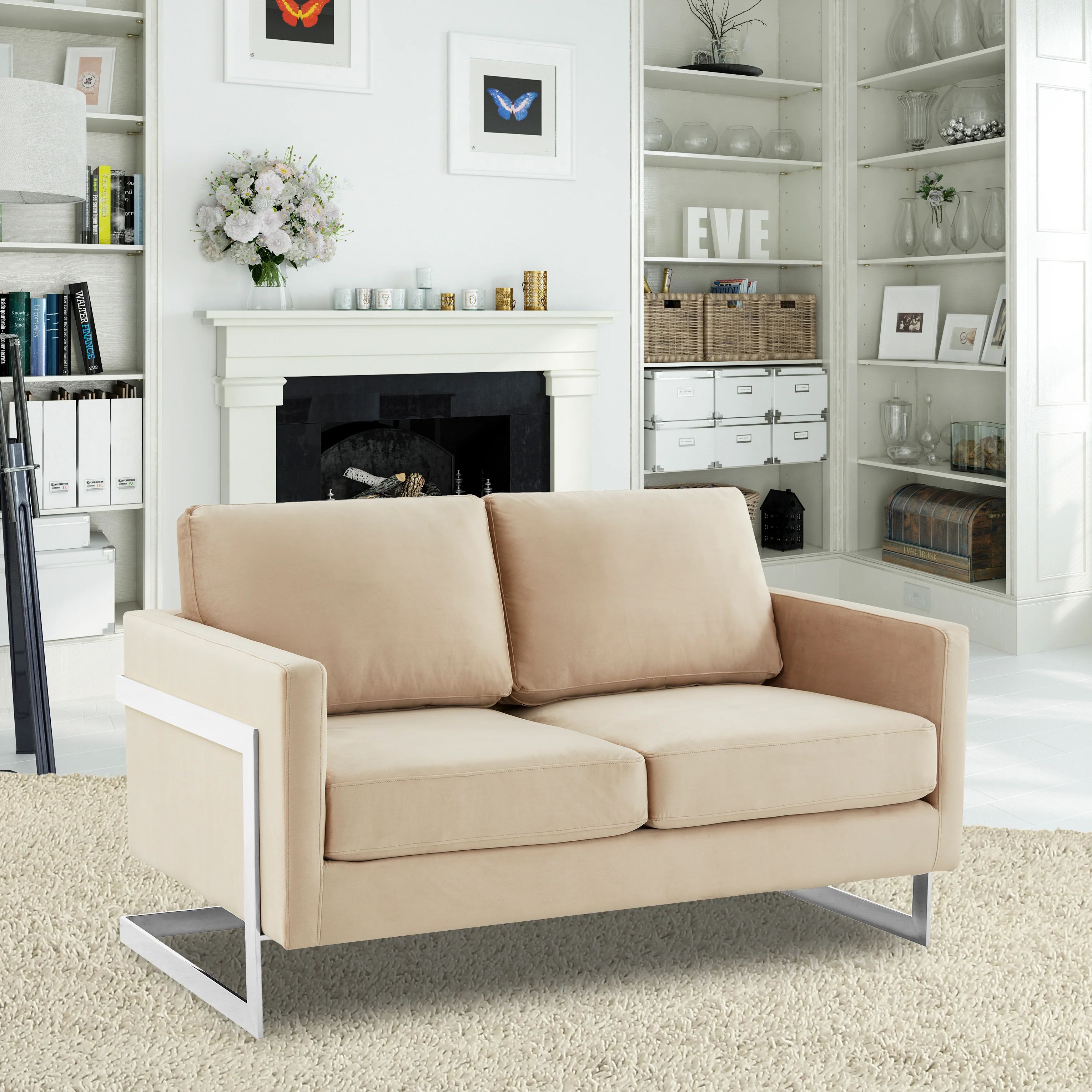 Lincoln Beige Velvet Loveseat With Chromed Frame
