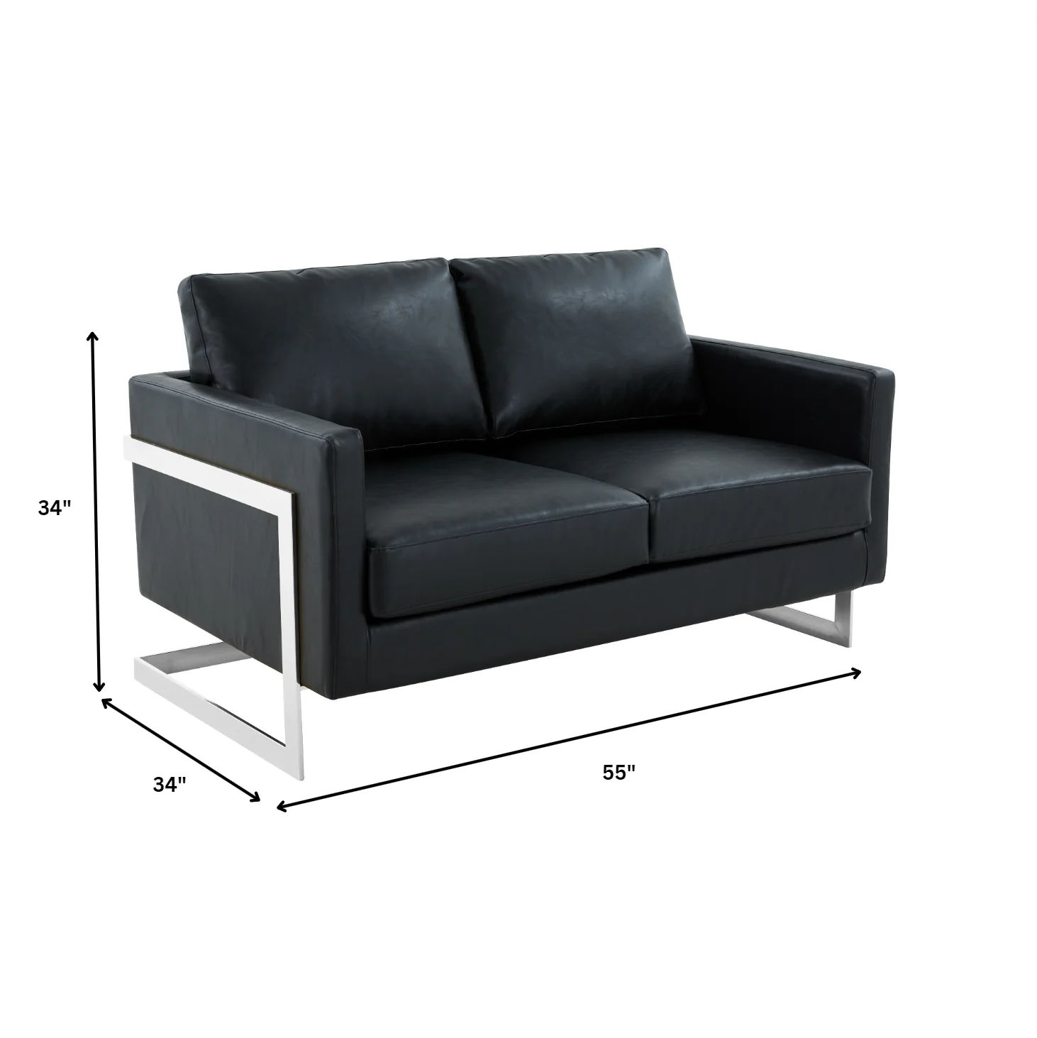 Lincoln Black Leather Loveseat With Chromed Frame