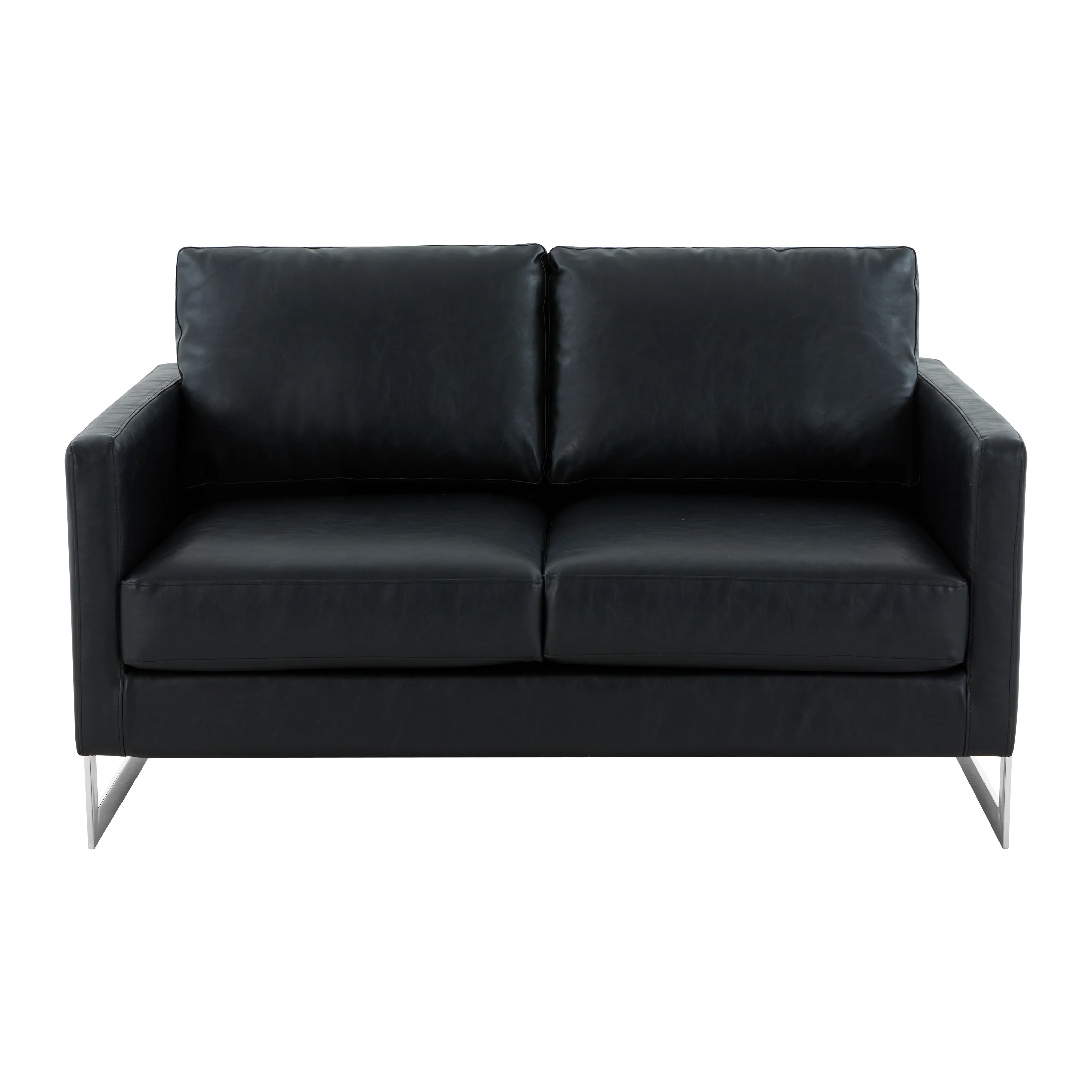 Lincoln Black Leather Loveseat With Chromed Frame