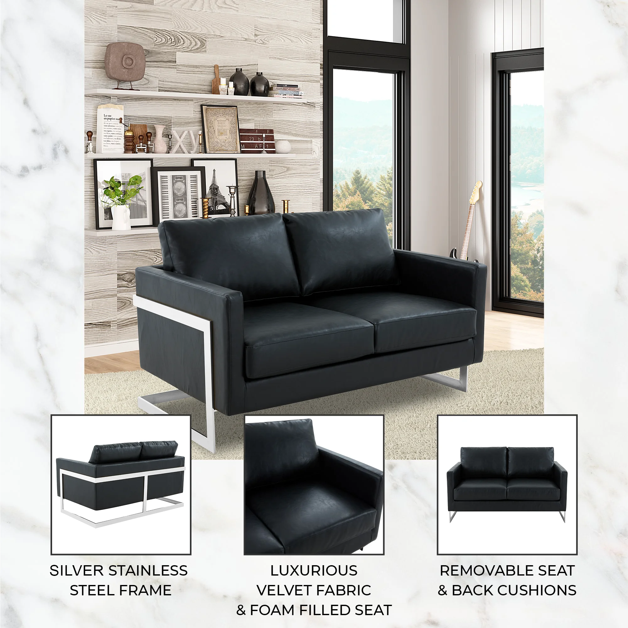 Lincoln Black Leather Loveseat With Chromed Frame