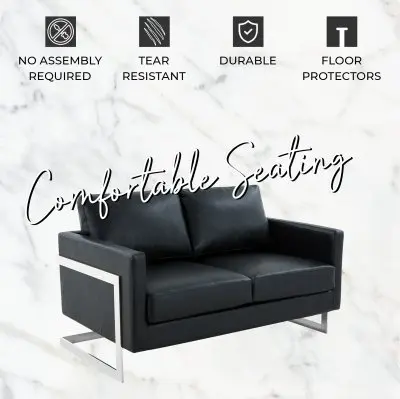 Lincoln Black Leather Loveseat With Chromed Frame