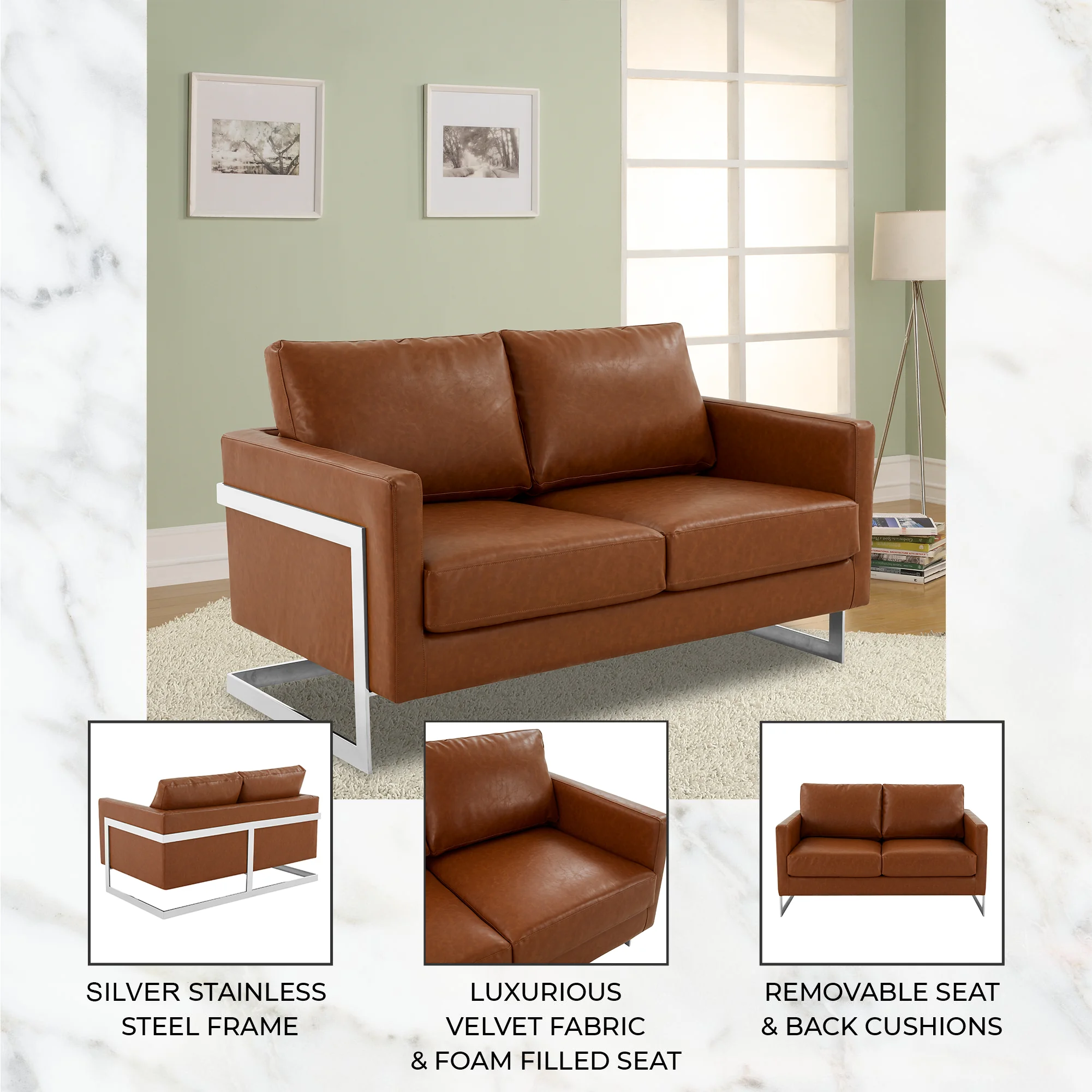 Lincoln Brown Leather Loveseat With Chromed Frame