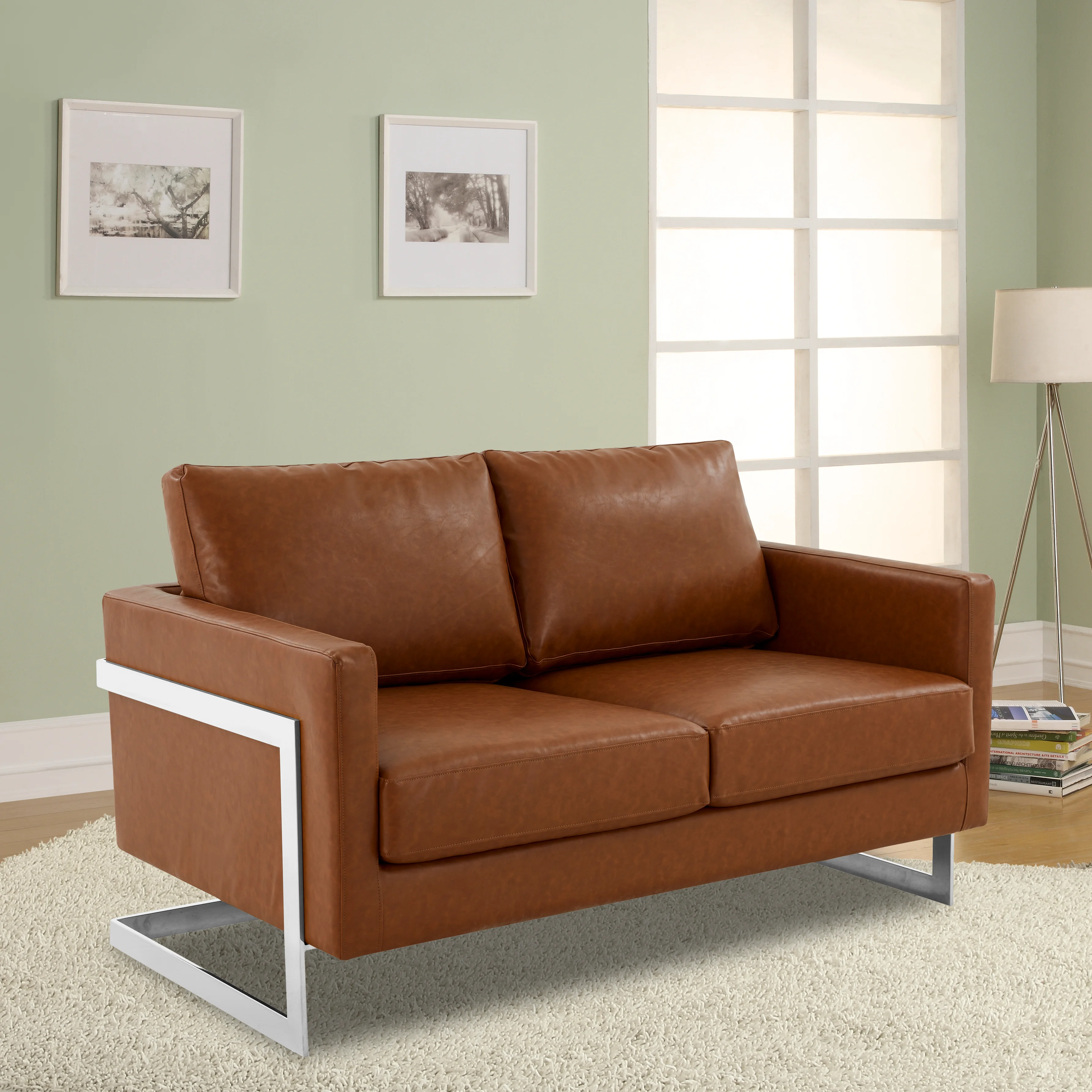 Lincoln Brown Leather Loveseat With Chromed Frame