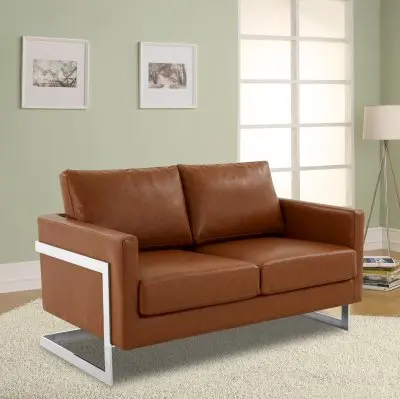 Lincoln Brown Leather Loveseat With Chromed Frame