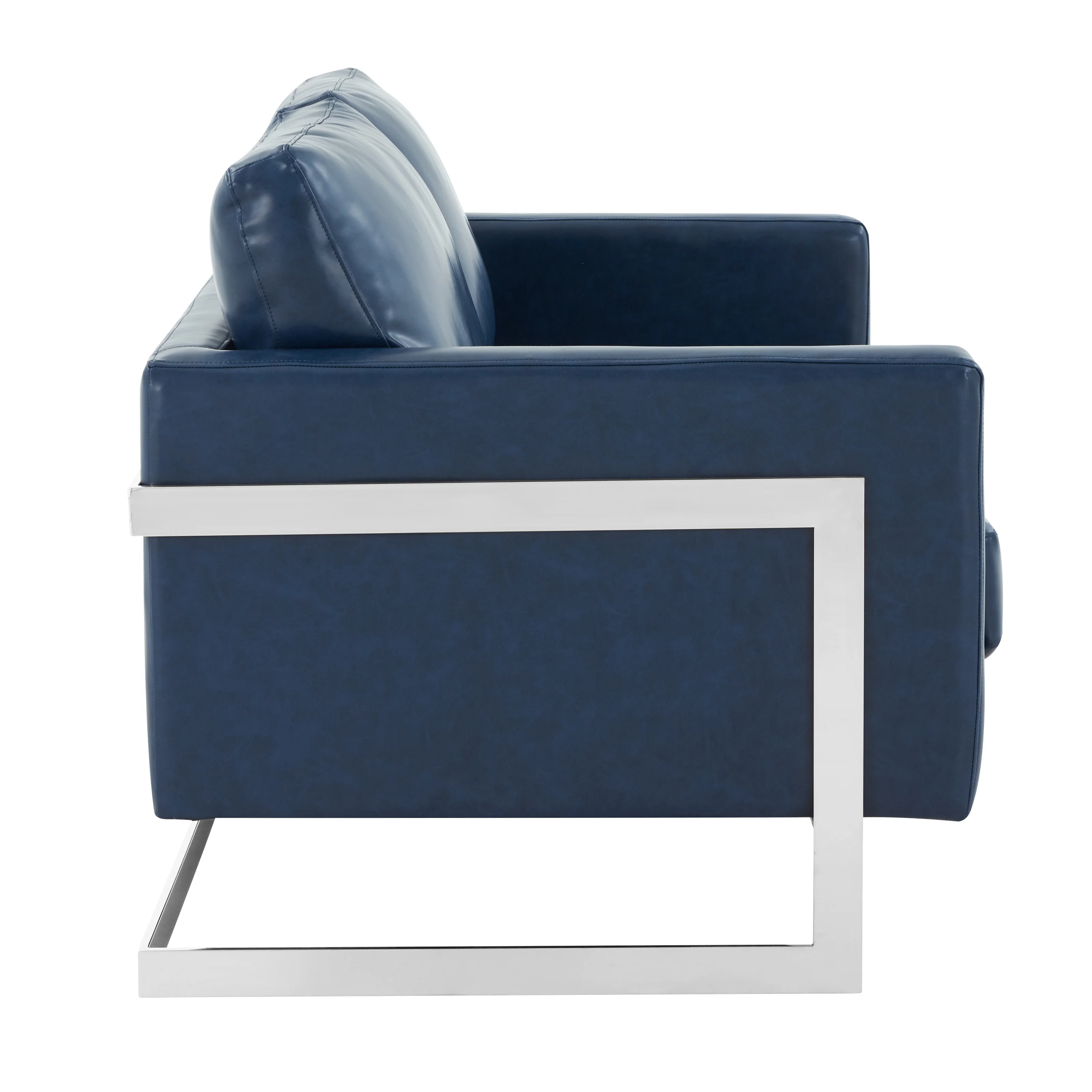 Lincoln Blue Leather Loveseat With Chromed Frame