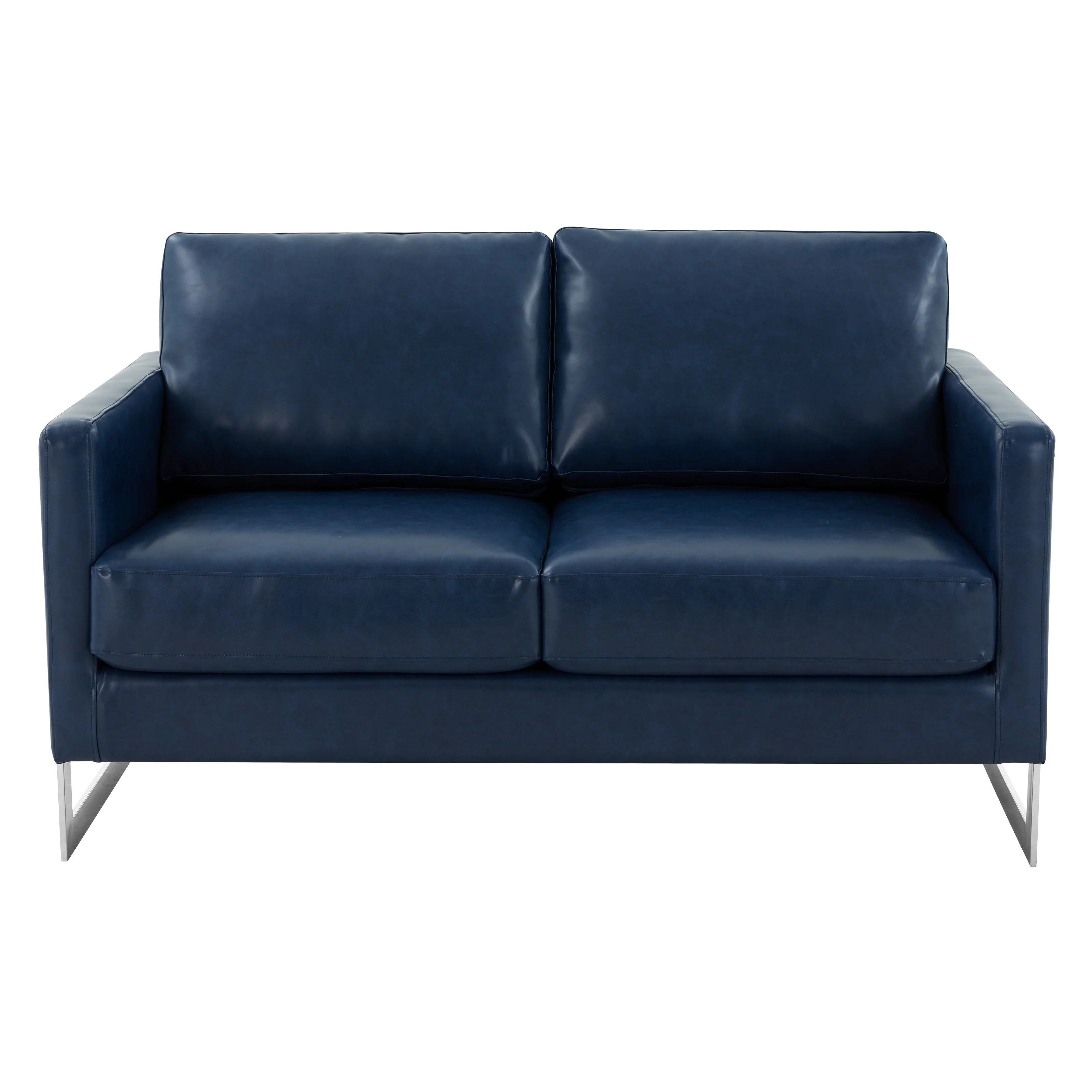 Lincoln Blue Leather Loveseat With Chromed Frame