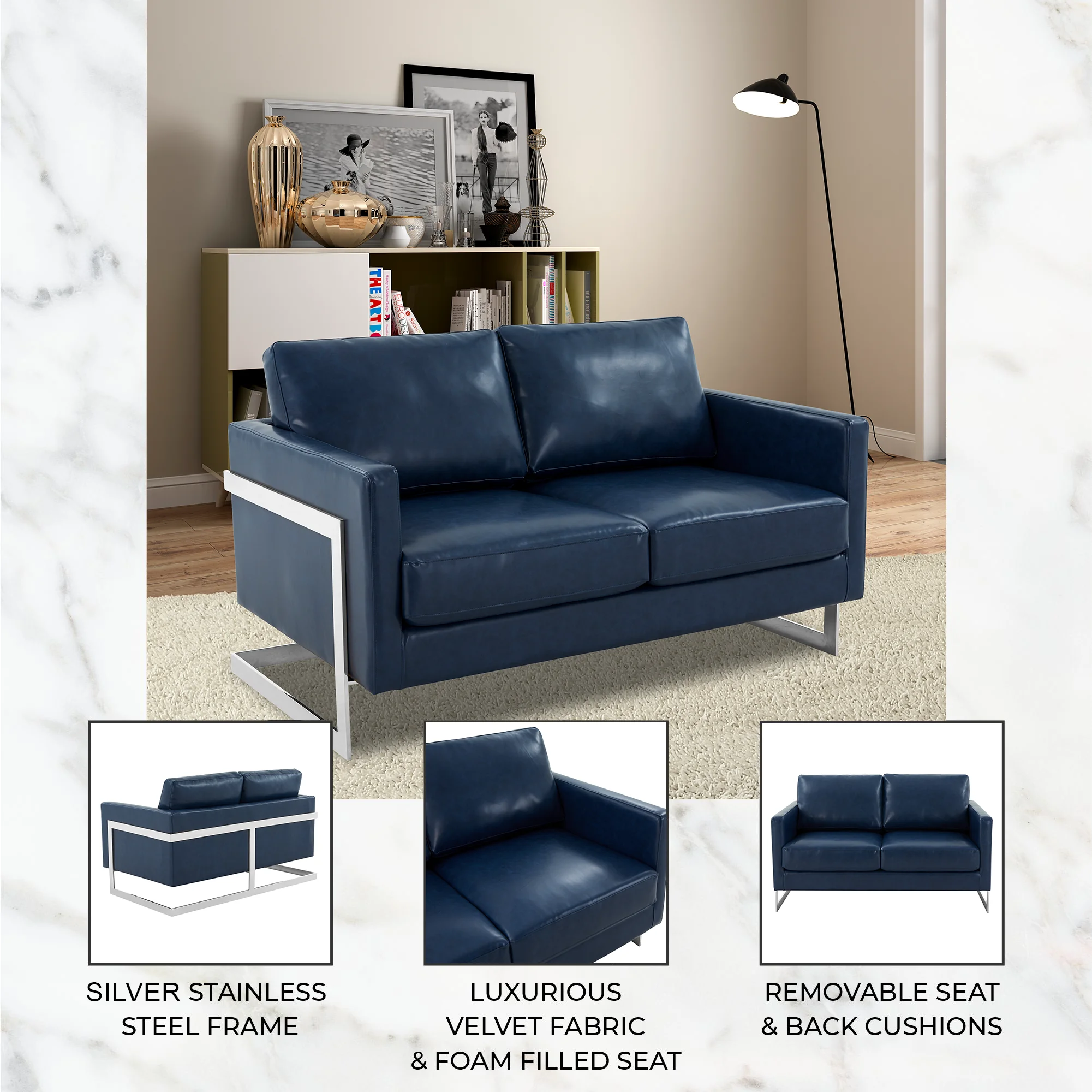 Lincoln Blue Leather Loveseat With Chromed Frame