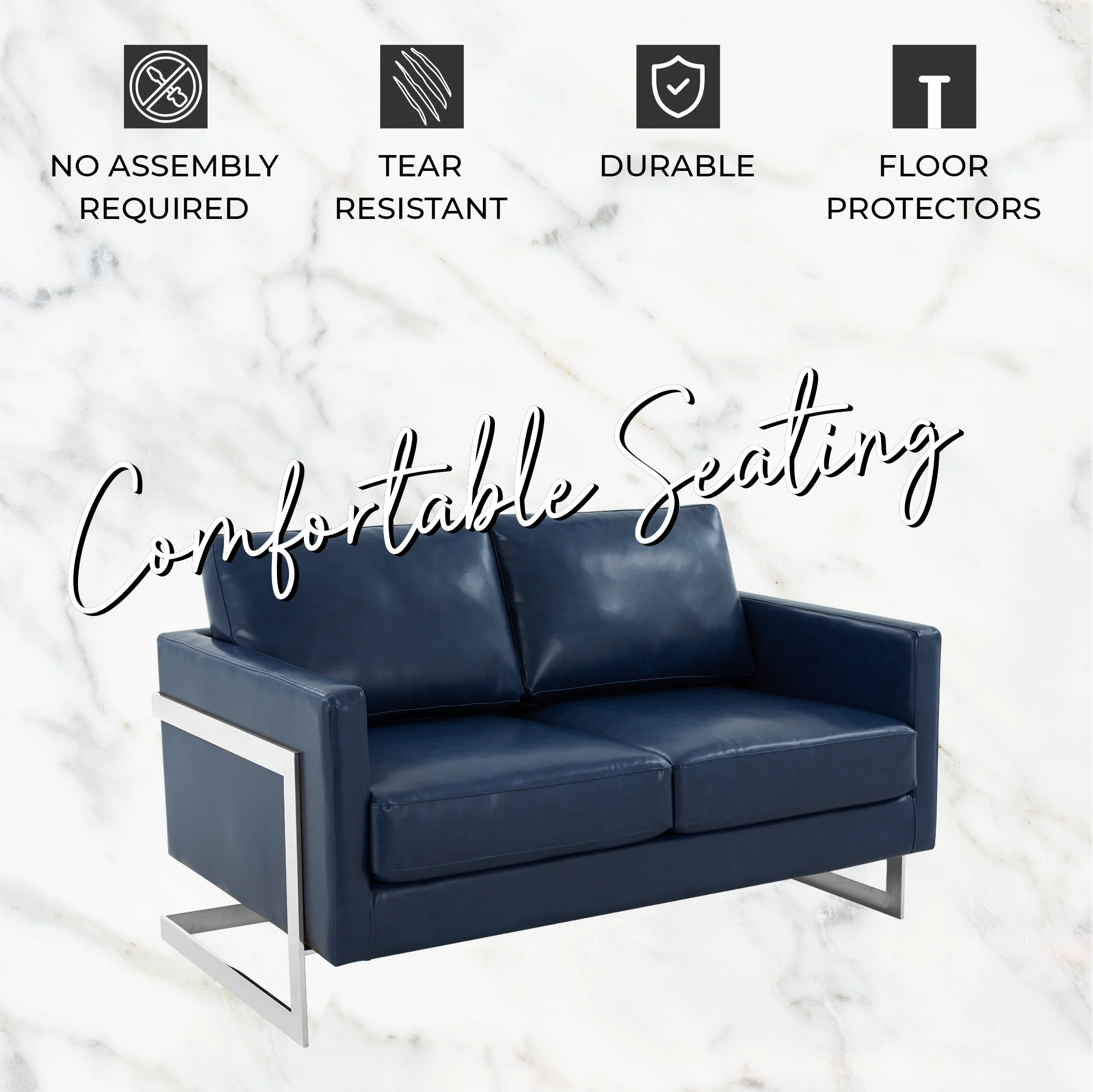 Lincoln Blue Leather Loveseat With Chromed Frame