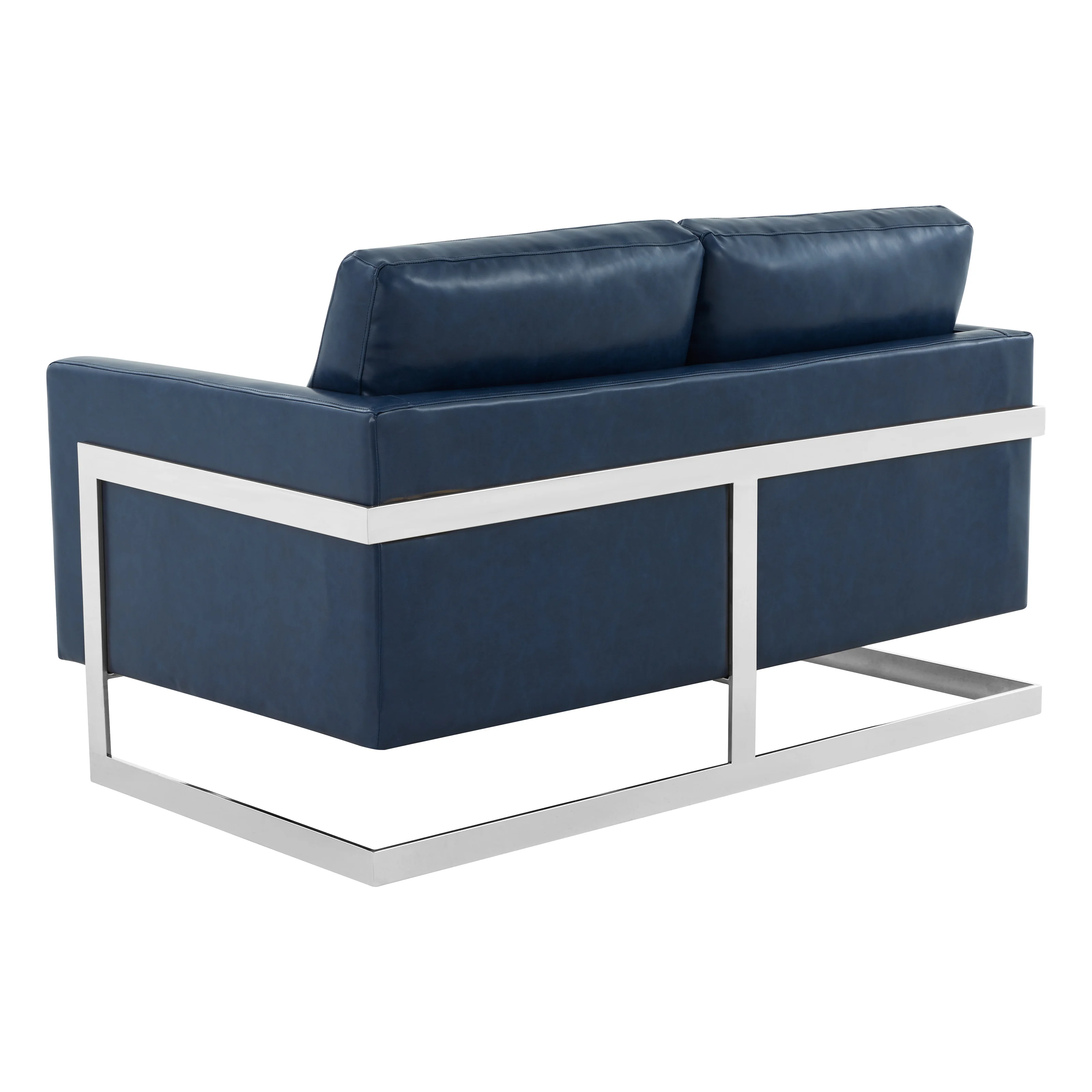 Lincoln Blue Leather Loveseat With Chromed Frame